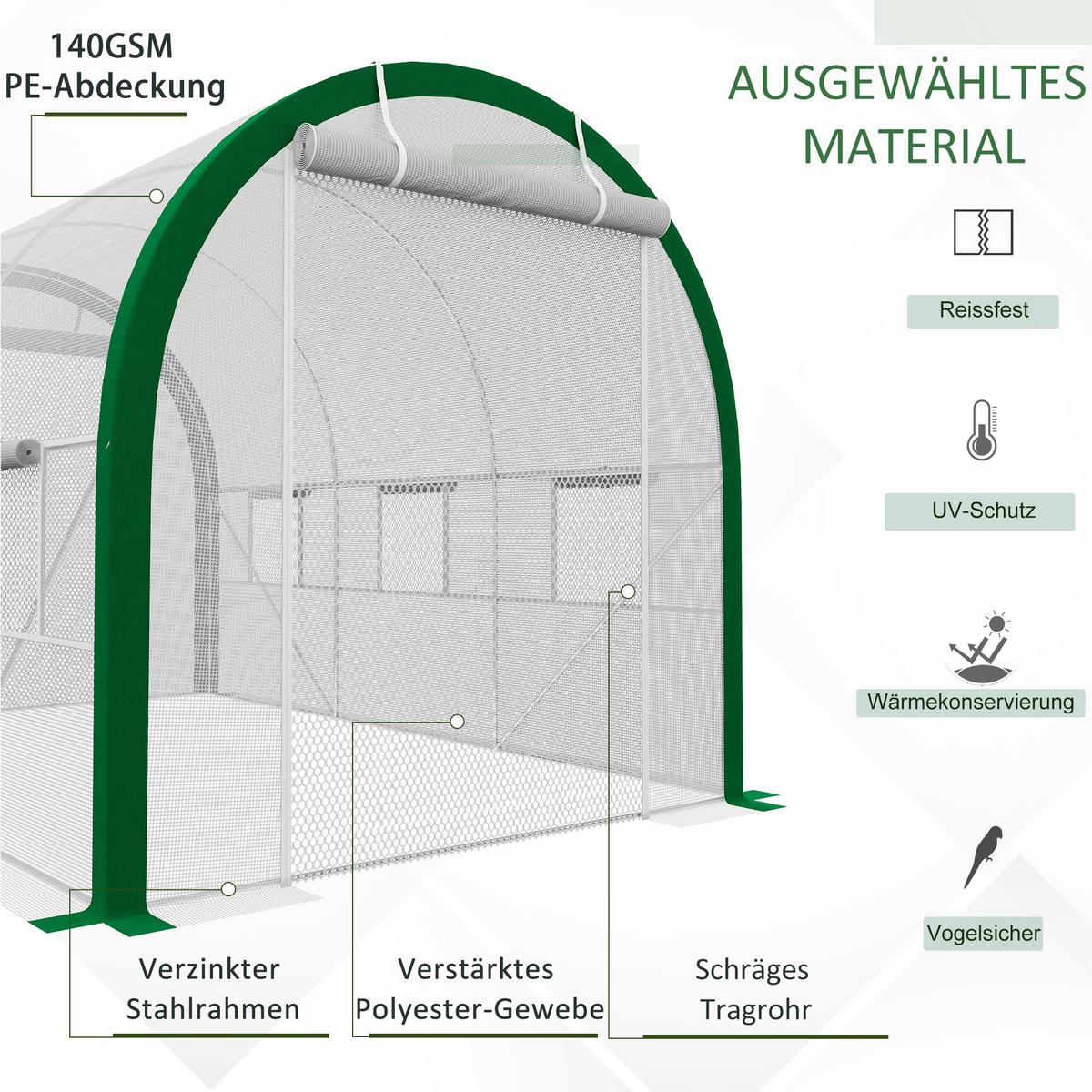 FOLIENGEWÄCHSHAUS mit Rolltür mit Fenster, Verzinkter Stahl, PE, Polyester, Weiß - Weiß, Metall (210/210/358cm) - Outsunny