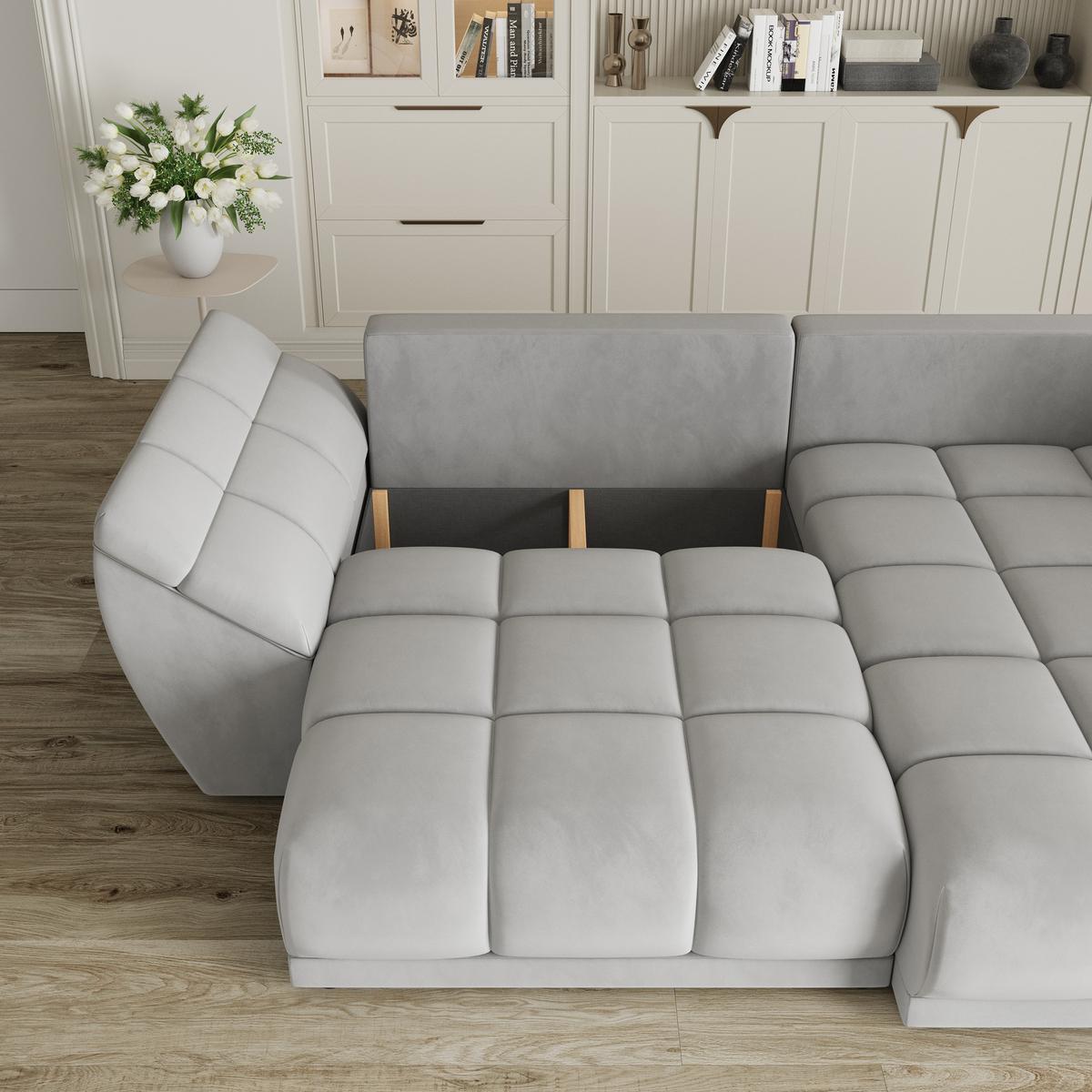 ECKSOFA ORENTI R-S Hellgrau Velours-Stoff mit Schlaffunktion - Hellgrau, Holz (287/182cm) - MASSENO