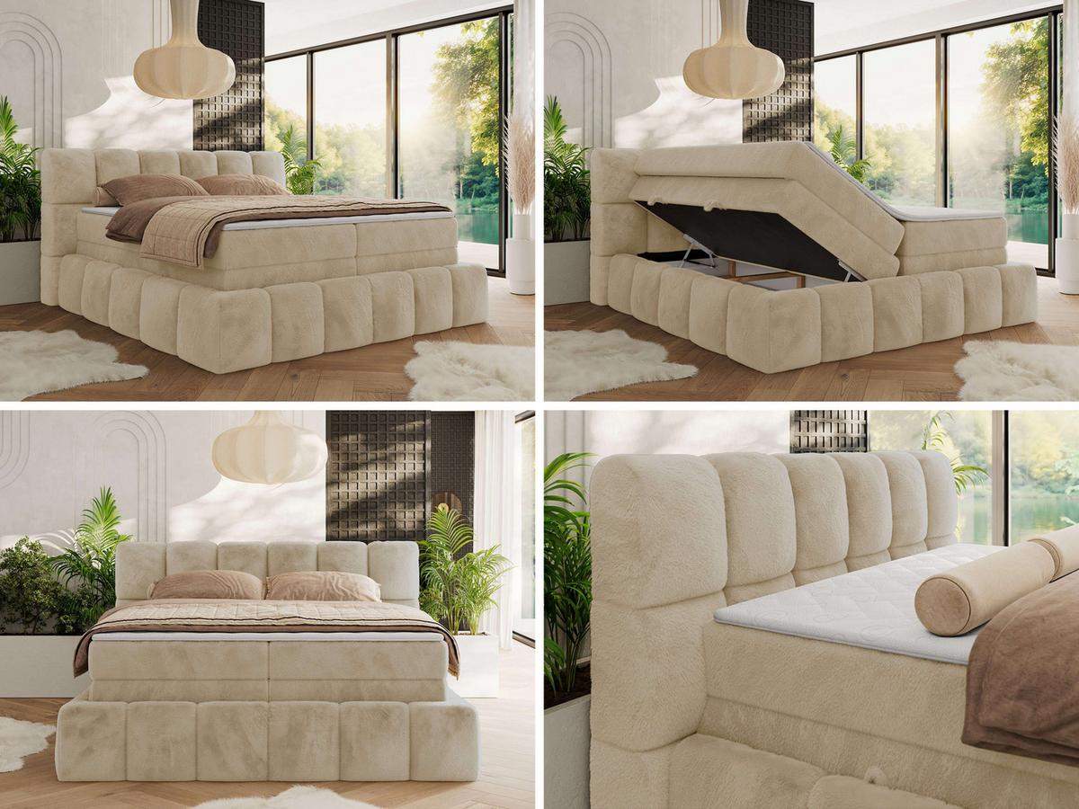 BOXSPRINGBETT NIRA KING 200/200 Creme Plüsch - H4 - Creme, Holz/Textil (200/200cm) - MKS