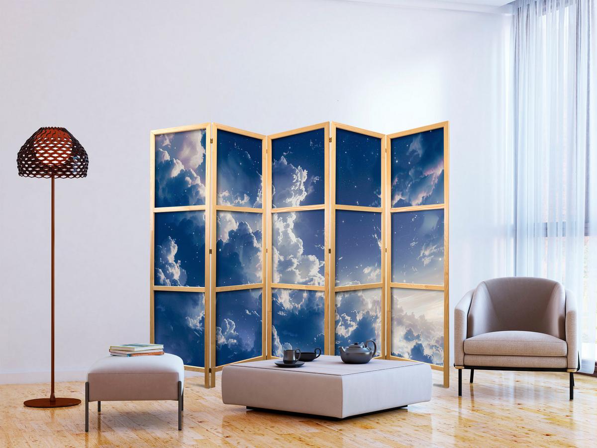 PARAVENT Japanischer 5-tlg 225x172 cm Abendhimmel - Blau, Holz/Textil (225/172/3cm) - Muralo