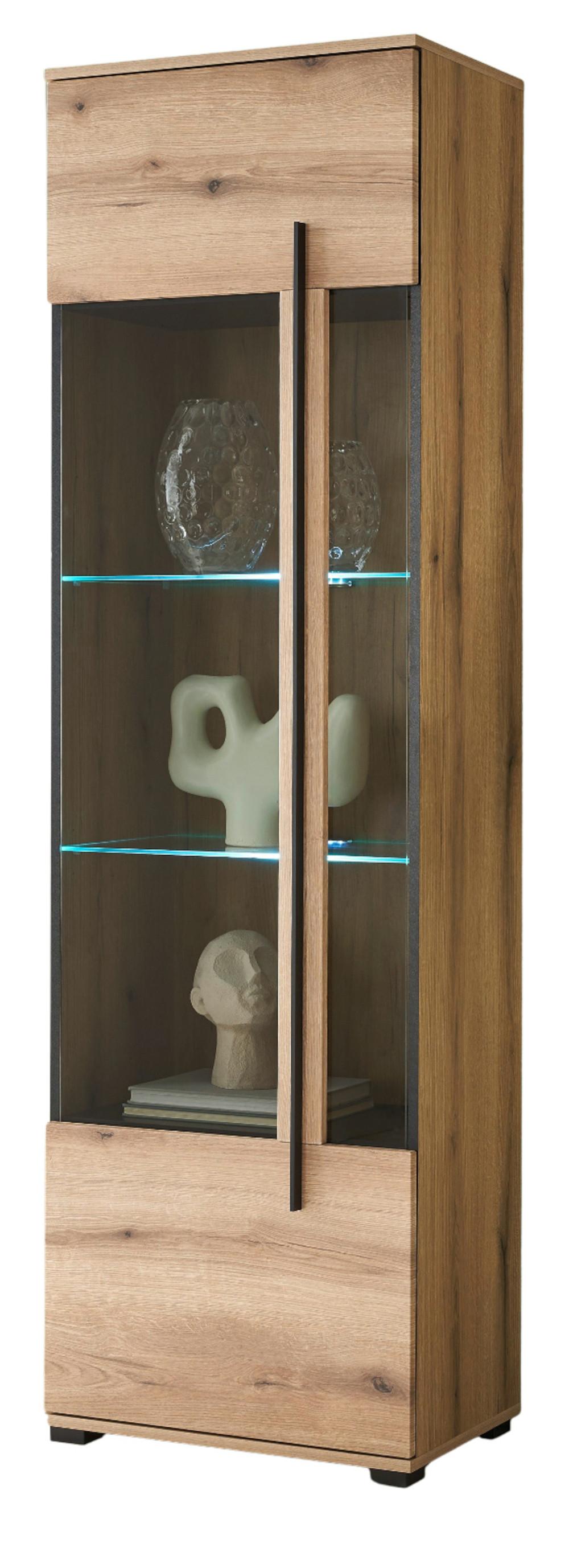 VITRINE Eiche Evoke, Vitrinenschrank 60 x 200 cm, Glas grau - Eichefarben/Schwarz, Glas/Holzwerkstoff (60/200/37cm) - Furn.Design