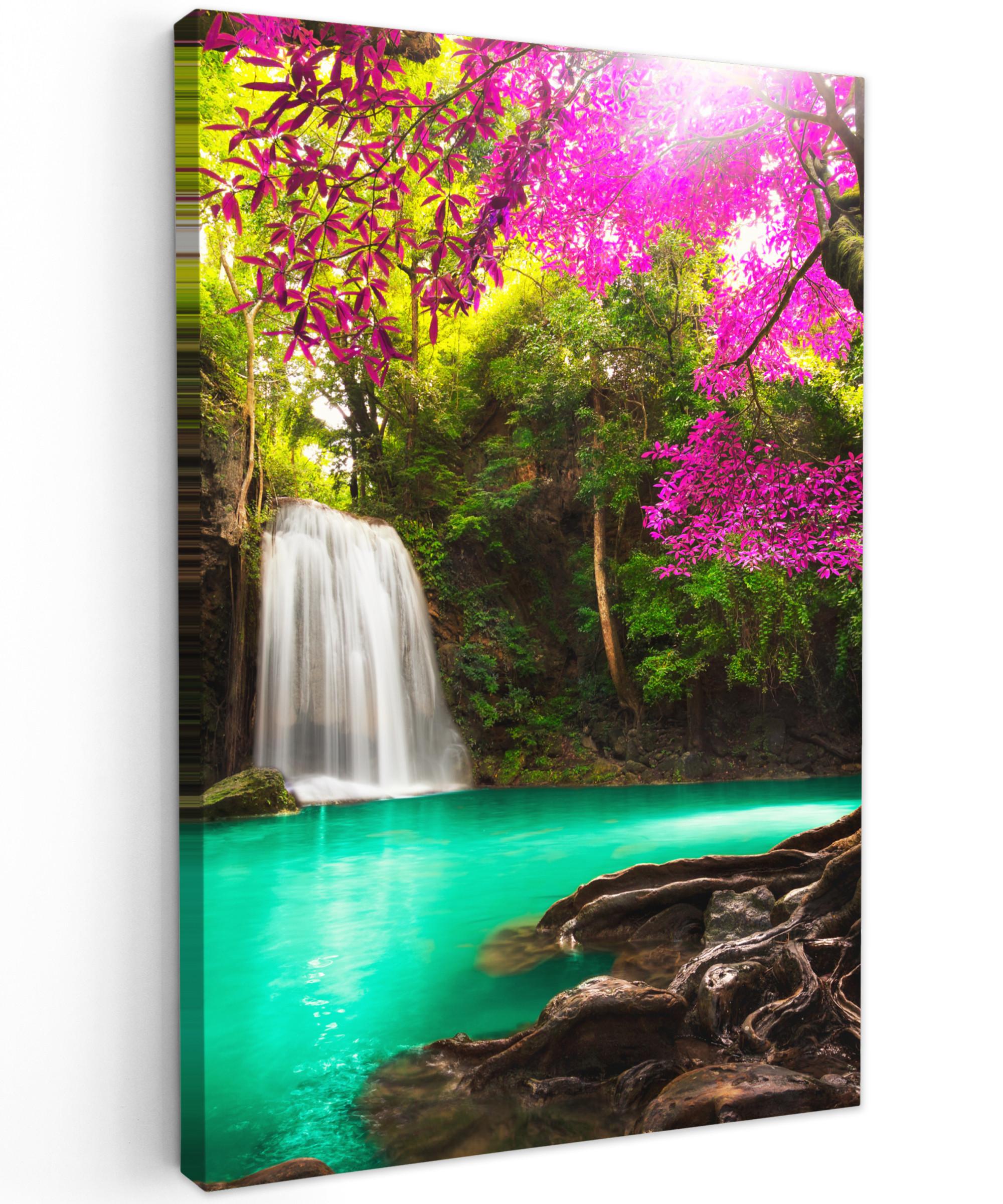 LEINWANDBILD Wasserfall mit bunten Blumen und Bäumen - Natur - Dschungel Wanddeko 40x60 cm - Waldgrün, Textil (40/60cm) - MuchoWow