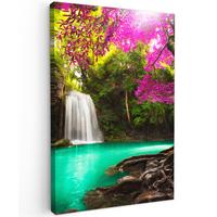 LEINWANDBILD Wasserfall mit bunten Blumen und Bäumen - Natur - Dschungel Wanddeko 40x60 cm - Waldgrün, Textil (40/60cm) - MuchoWow