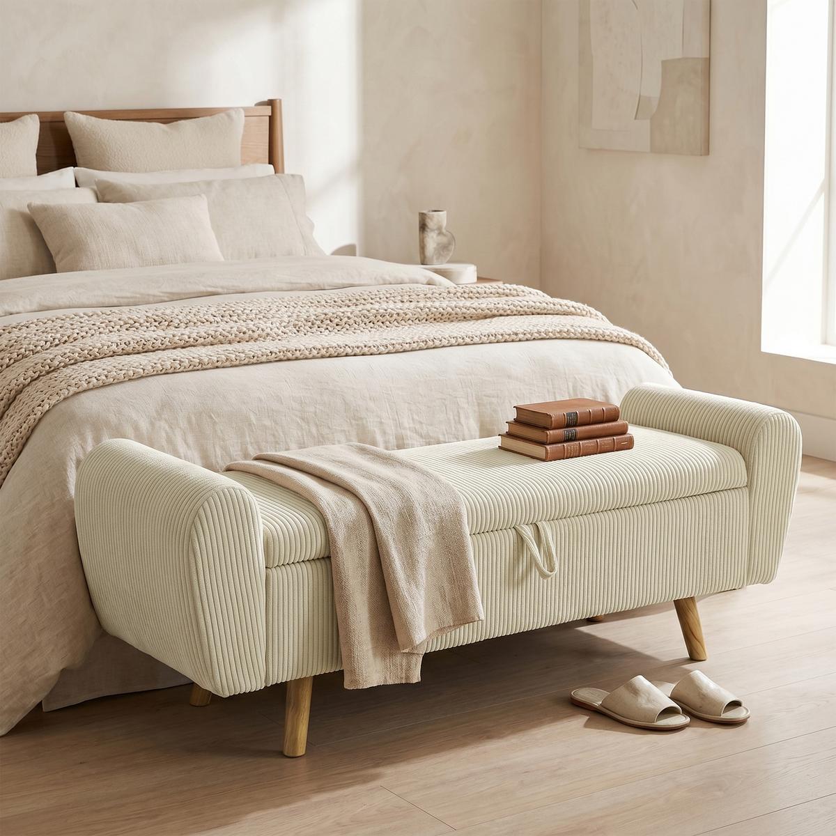 TRUHENBANK Polyester Gummibaumholz Beige - Beige, Holz/Textil (45/51/150cm) - HOMCOM