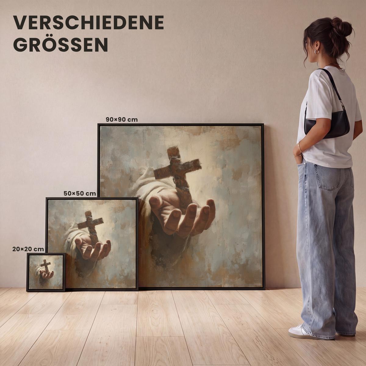LEINWAND Bilder mit Rahmen - Abstrakt - Kreuz - Hand - Christentum - 20x20 - Hellbraun, Textil (20/20cm) - MuchoWow