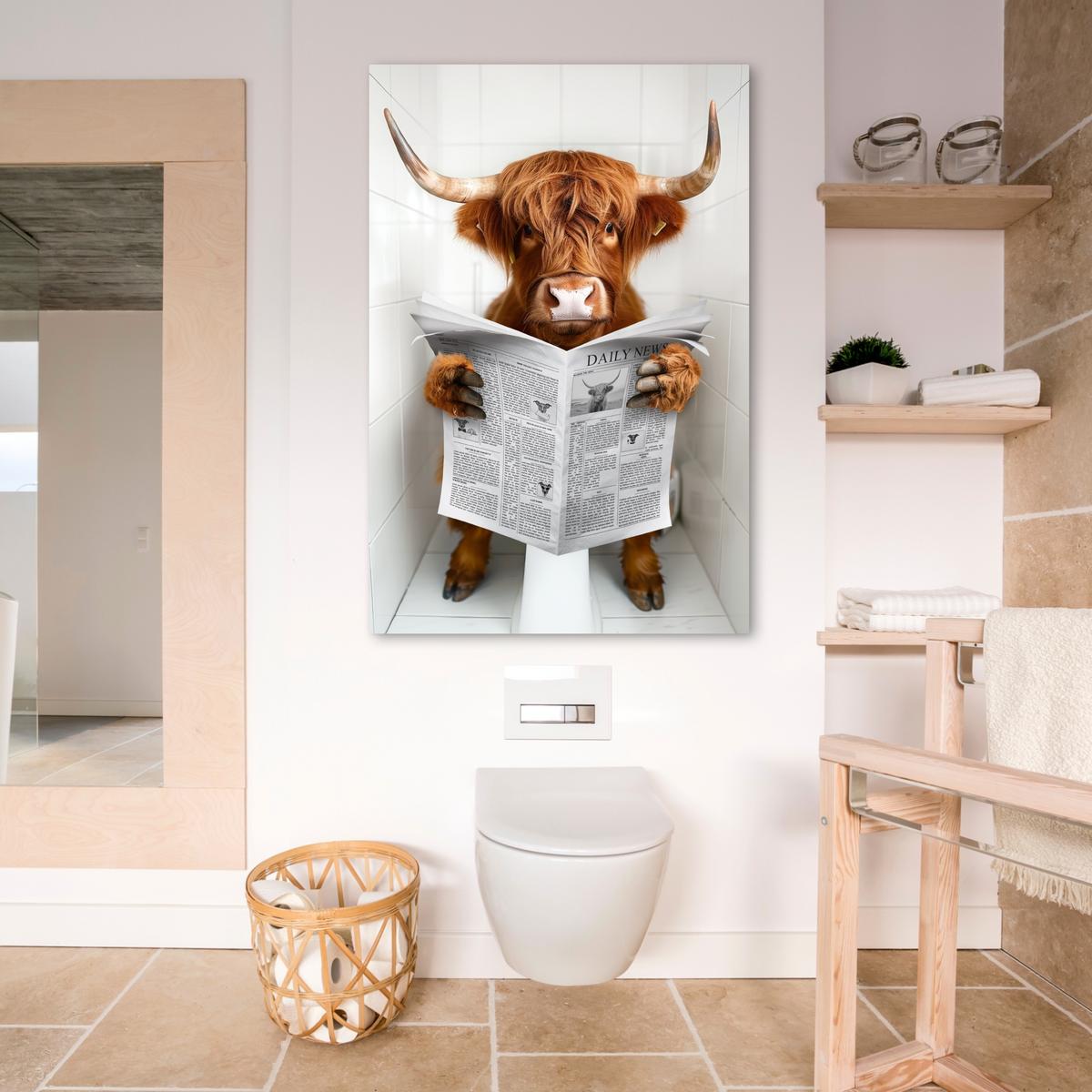 LEINWANDBILD Schottischer Highlander - Tier - Zeitung - Toilette Deko XXL 80x120 cm - Kastanienfarben, Textil (80/120cm) - MuchoWow