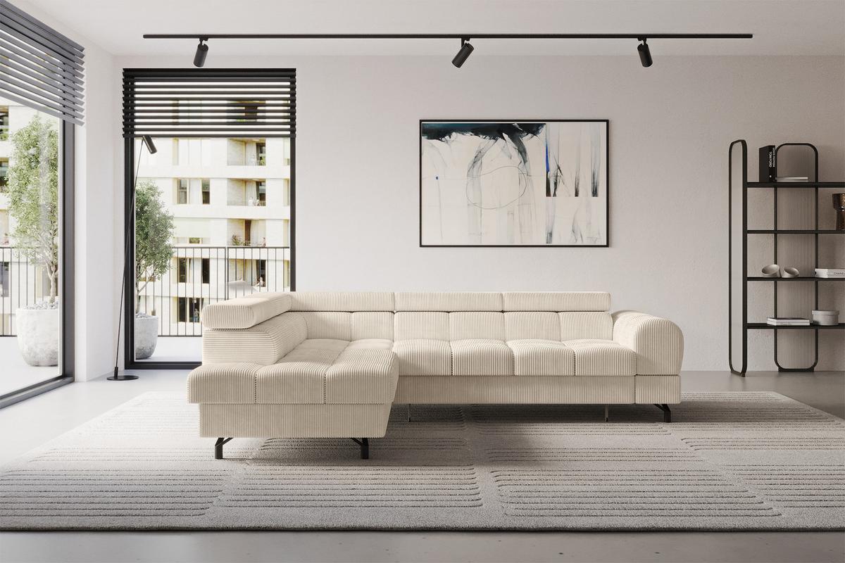 ECKSOFA mit Schlaffunktion Ottomane Links LUMA-L 272x203x70 Beige Cord - Beige/Schwarz, Holzwerkstoff/Kunststoff (272/203cm) - ALTDECOR