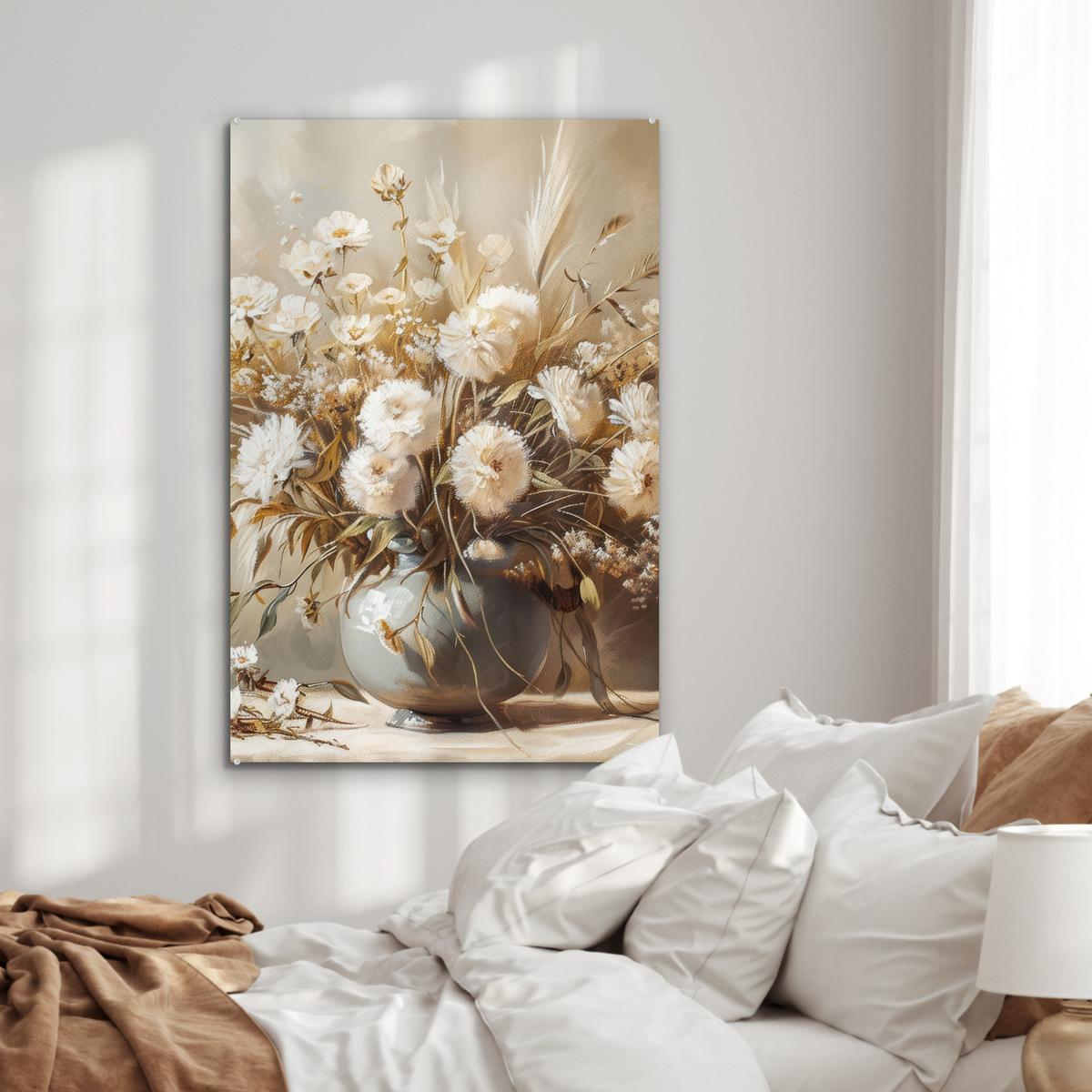 ACRYLGLASBILD Blumen - Vase - Stilleben - Beige 80x120 cm - Creme, Glas (80/120cm) - MuchoWow