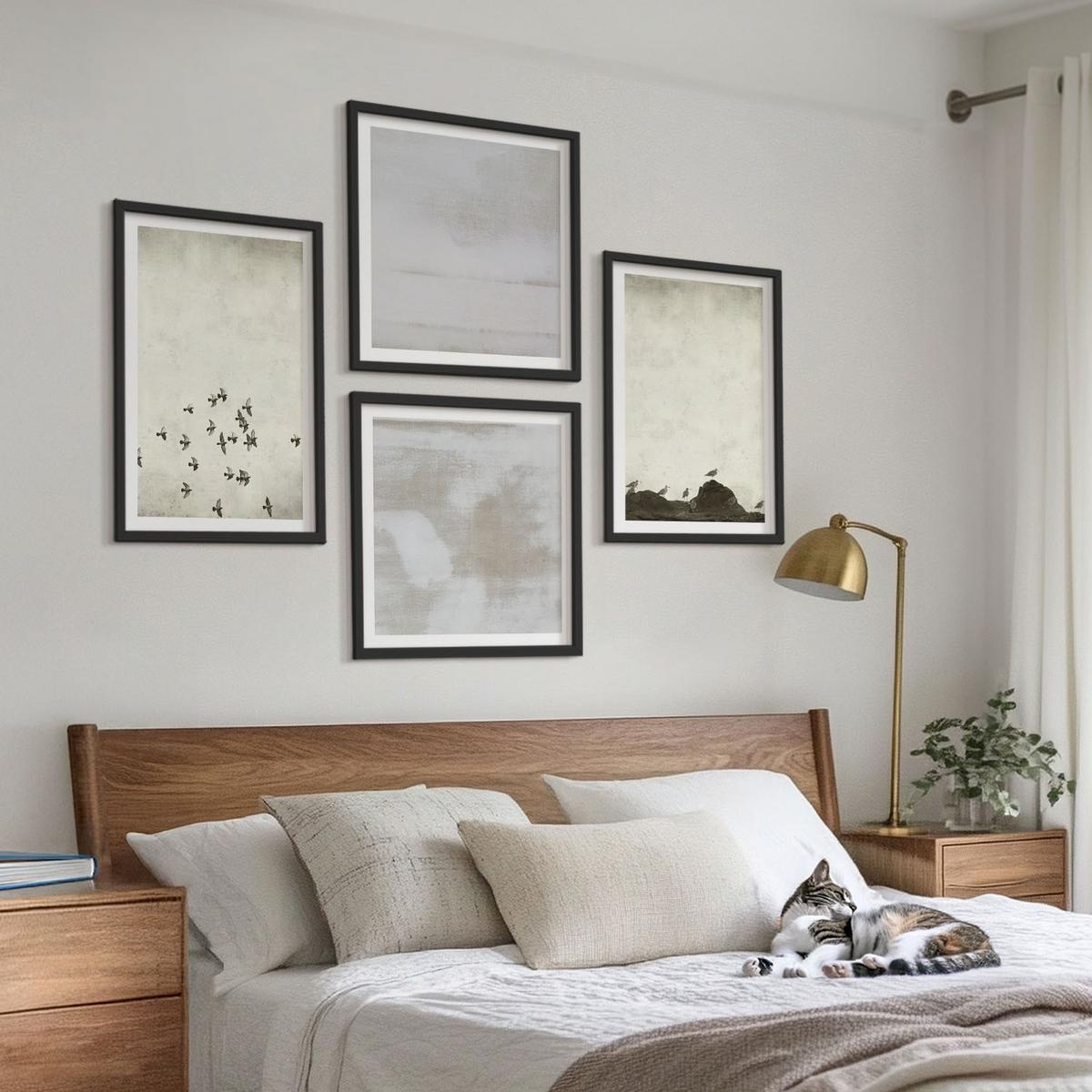 BILDER SET 4er Set - 50x50 cm & 40x60 cm Schwarzer Rahmen - Minimalistische Vögel im Flug - Schwarz, Kunststoff (50/50cm) - TULUP