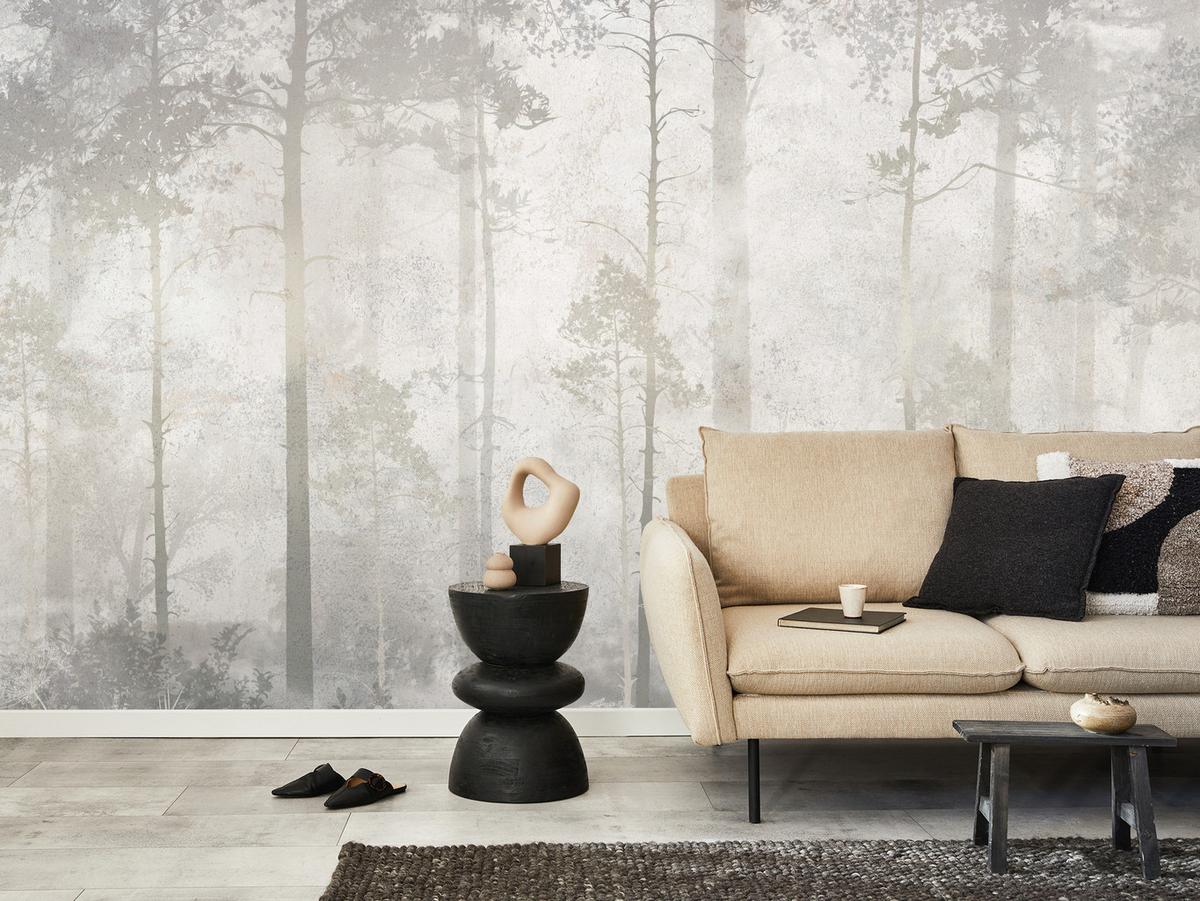 FOTOTAPETE für Wohnzimmer Nebliger Wald Vintage Bäume 400x280 - Beige/Grau, Papier (400/280cm) - Muralo