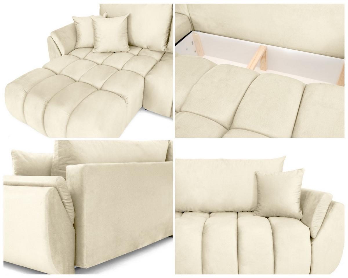 ECKSOFA Iris mit Schlaffunktion und Bettkasten, links oder rechts montierbar – Beige Samt 280/184/85 cm - Ecru/Beige, Kunststoff/Textil (280/184cm) - WFL GROUP