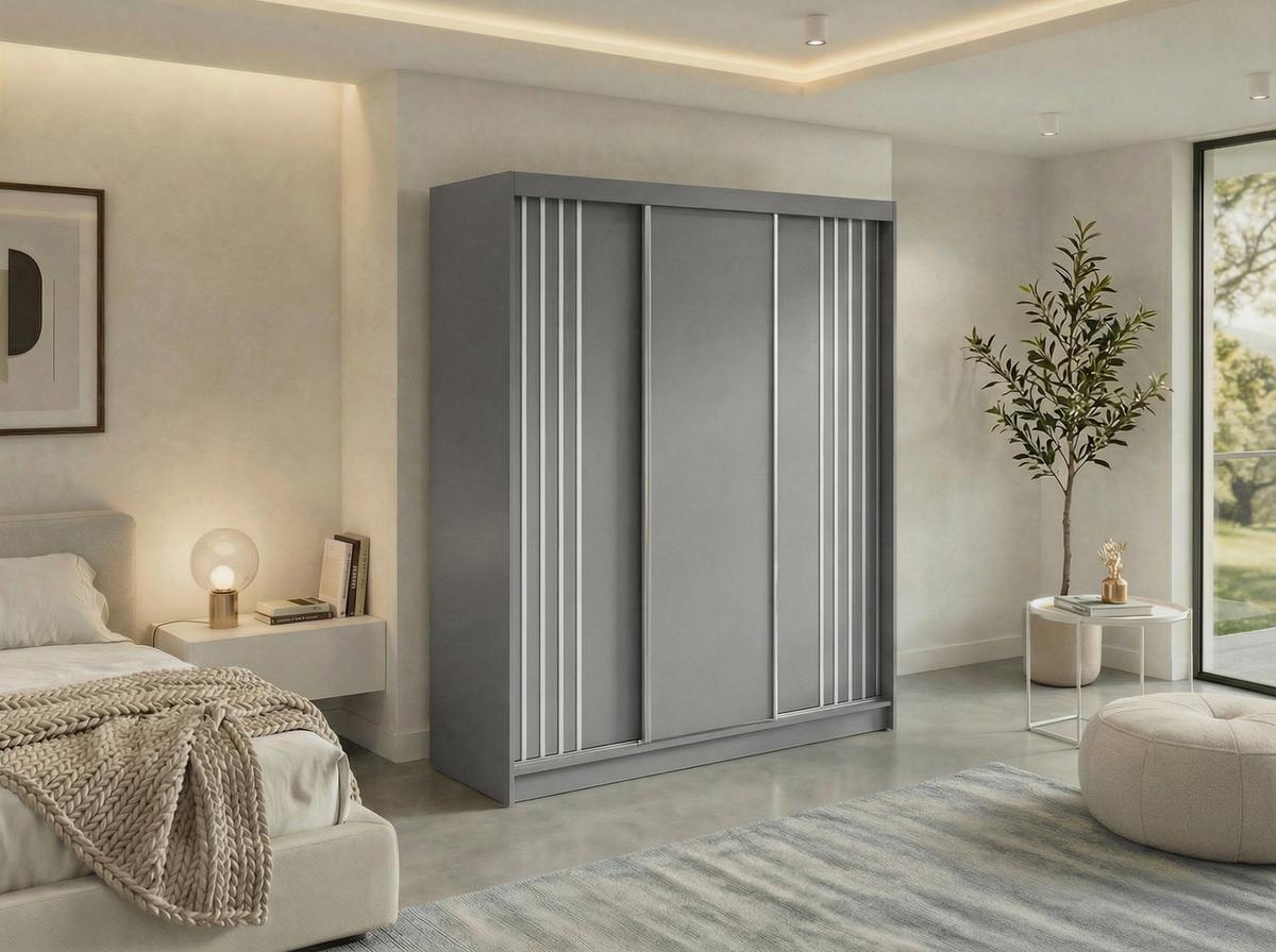 SCHWEBETÜRENSCHRANK mit Lamellen und Schubladen NAURU - 180 - Grau und Weiß - Alufarben/Weiß, Holzwerkstoff/Metall (180/216/61cm) - MKS