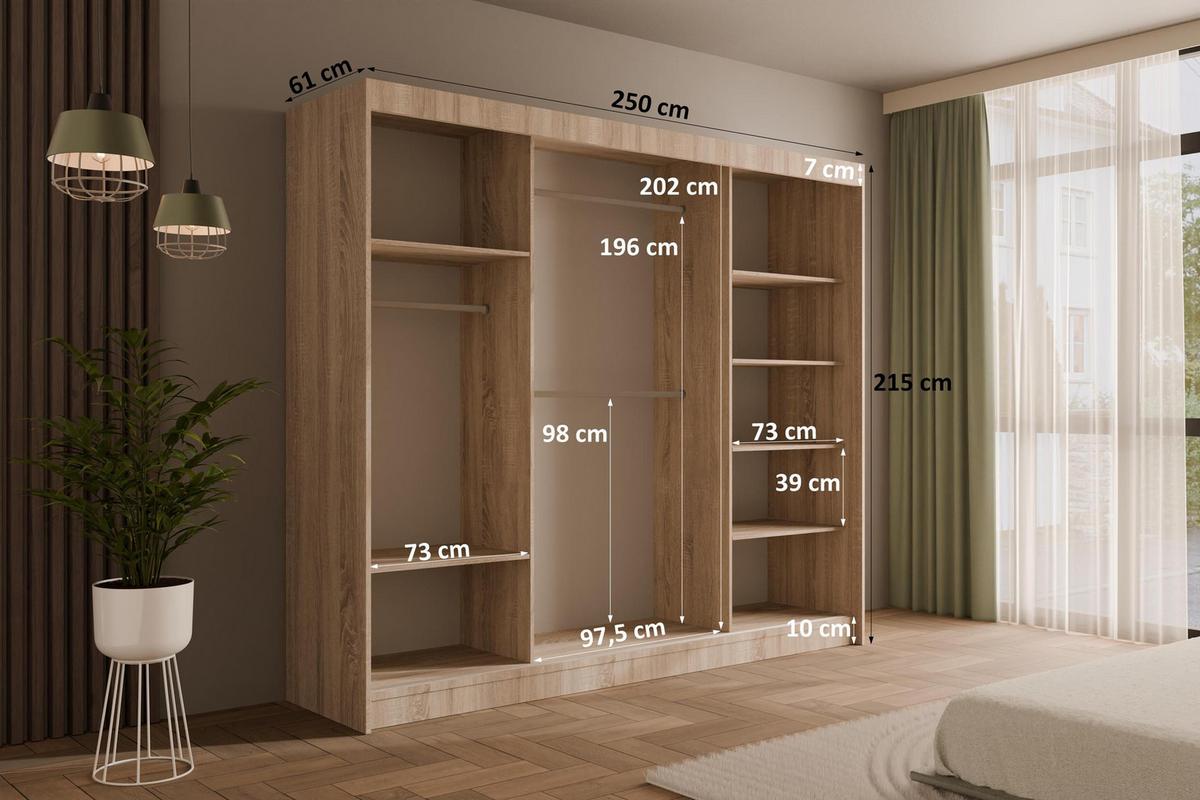 KLEIDERSCHRANK PEKA III - 250 cm - Sonoma Eiche|Weiß - Weiß/Sonoma Eiche, Holzwerkstoff (250/215/61cm) - ALTDECOR