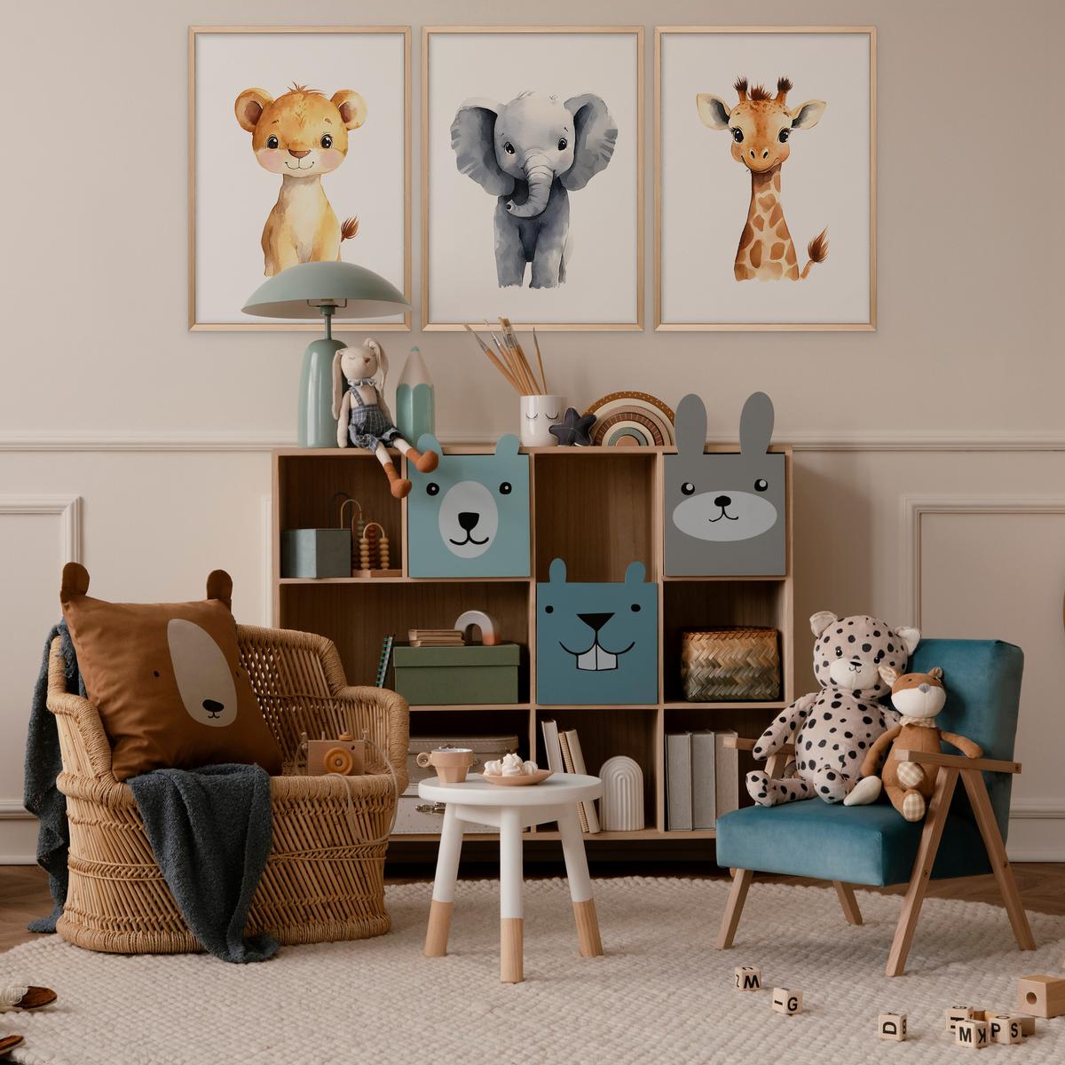POSTER SET für Kinderzimmer WILDETIERE Löwe Elefant Giraffe 3x Poster A3 30x42cm - Gelb/Orange, Papier (30/42/1cm) - Muralo