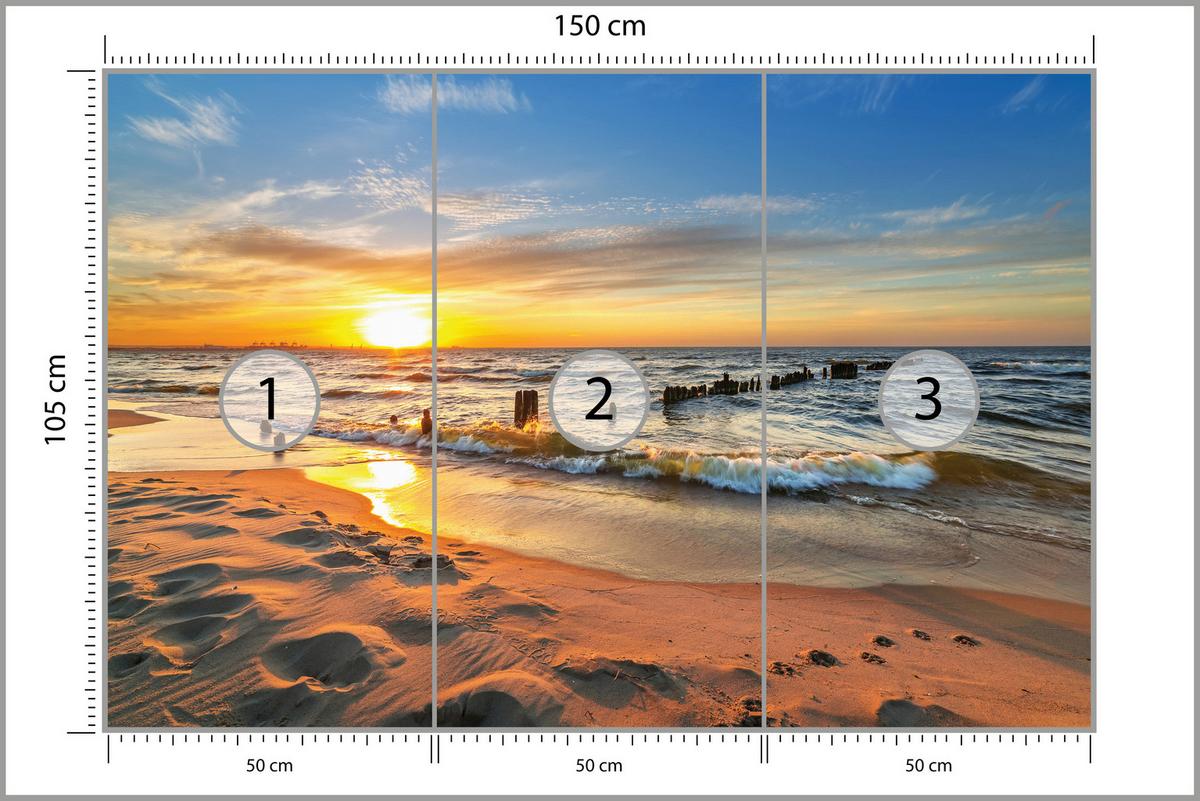 FOTOTAPETE Sonnenuntergang Strand Meer Landschaft 3D 150x105 cm - Beige/Orange, Papier (150/105cm) - Muralo