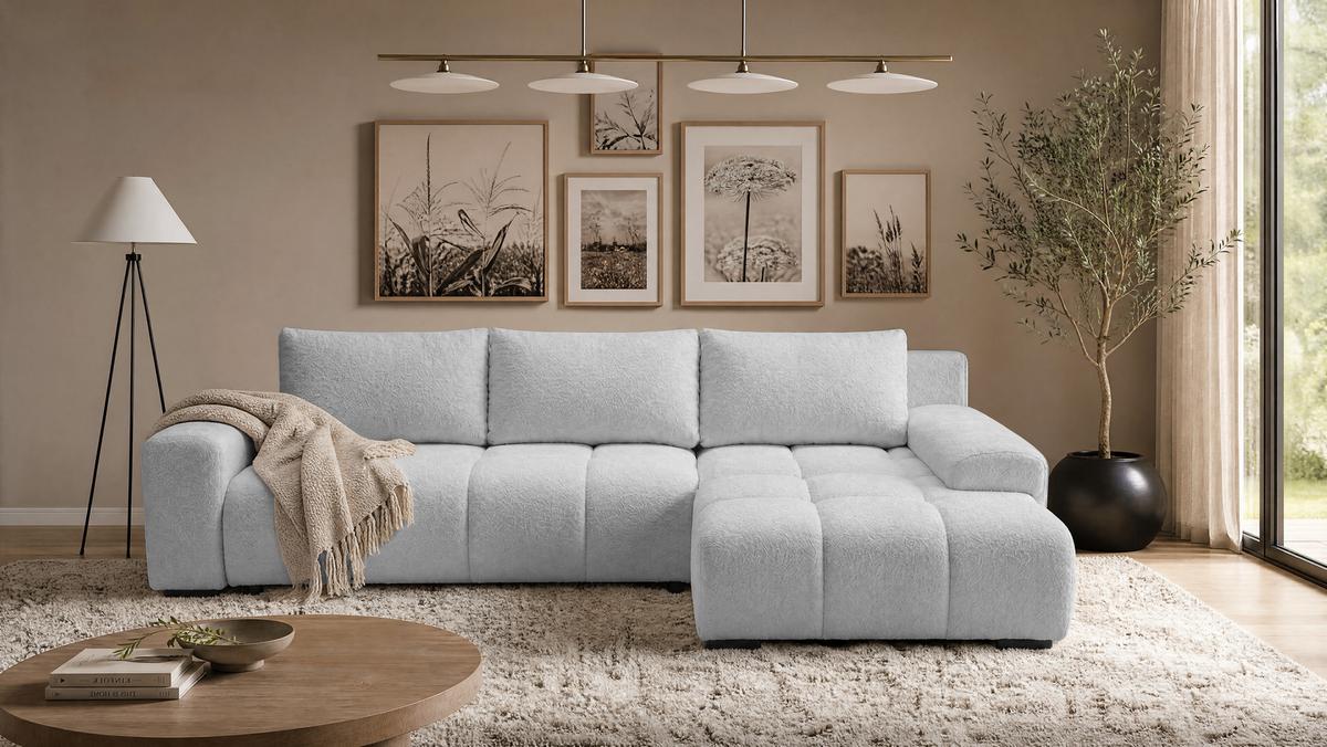 ECKSOFA Ovia mit Bettkasten und Schlaffunktion, Bouclé-Stoff in L-Form - Hellgrau, Textil (270/185cm)