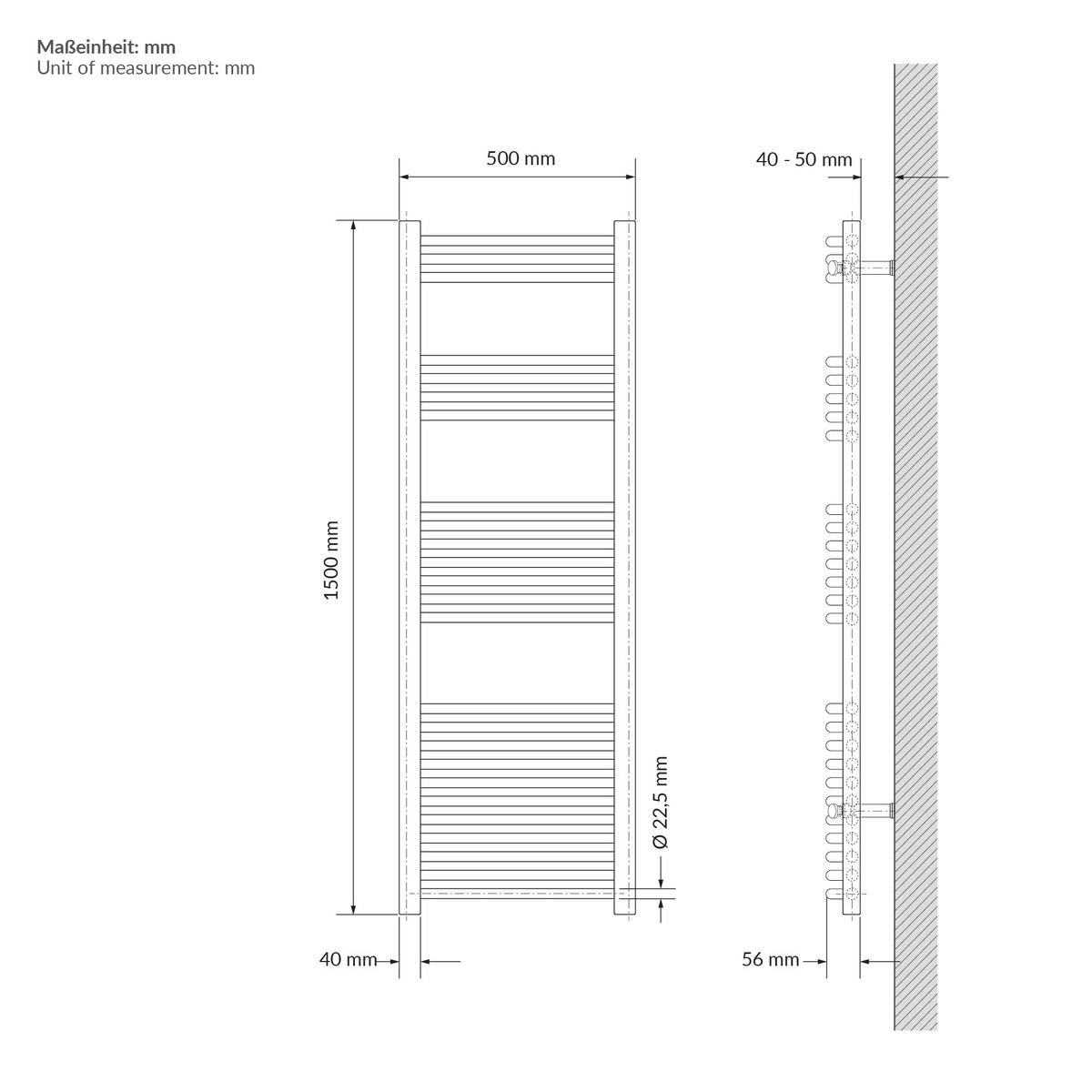 HANDTUCHHEIZKÖRPER 500 x 1500 mm Beige Badheizkörper gebogen mit Seitenanschluss - Beige, Metall (50/150/3cm) - LuxeBath