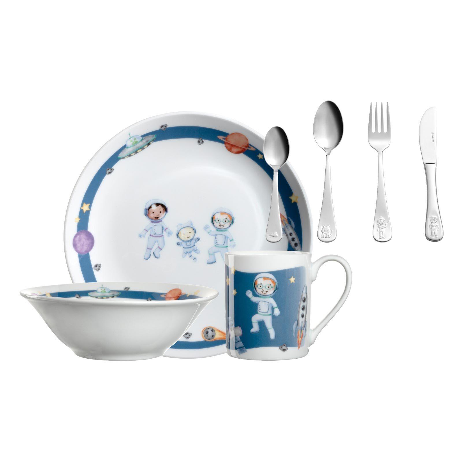 KINDERGESCHIRR SET MIT BESTECK BAMBINI AVVENTURA Weltall - Blau, Keramik/Kunststoff (2/2/2cm) - Leonardo Living