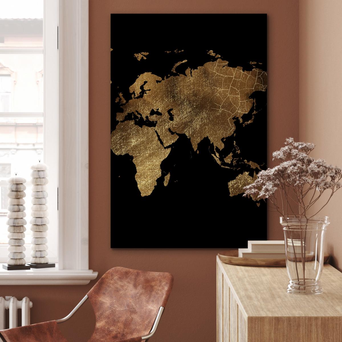 METALLBILD Weltkarte - Gold - Luxus - Erde - Schwarz 80x120 cm - Goldfarben, Metall (80/120cm) - MuchoWow