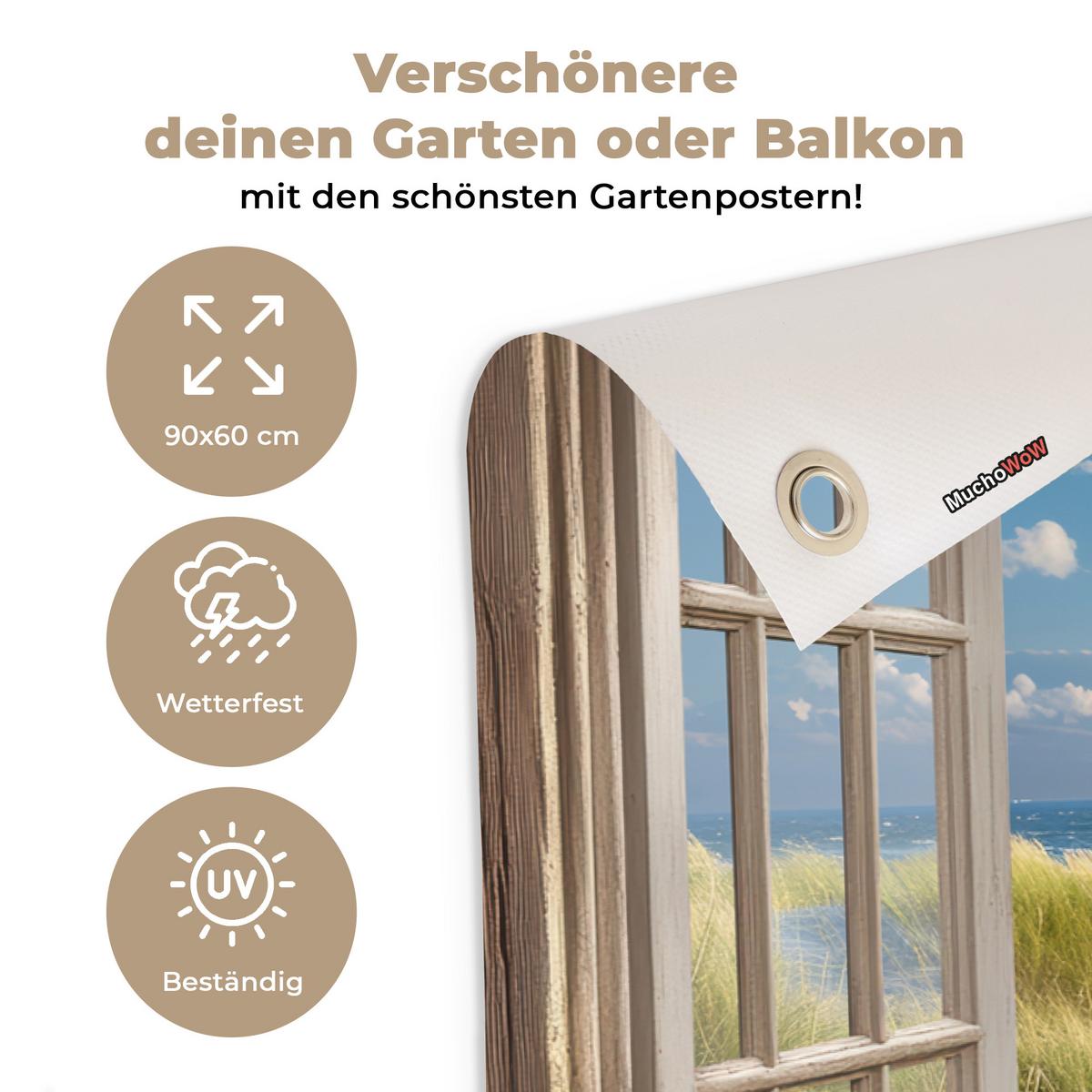GARTENPOSTER Aussicht - Strand - Fenster - Dünen - Meer Gartendeko 90x60 cm - Hellblau, Kunststoff (90/60/0.2cm) - OnlyWow