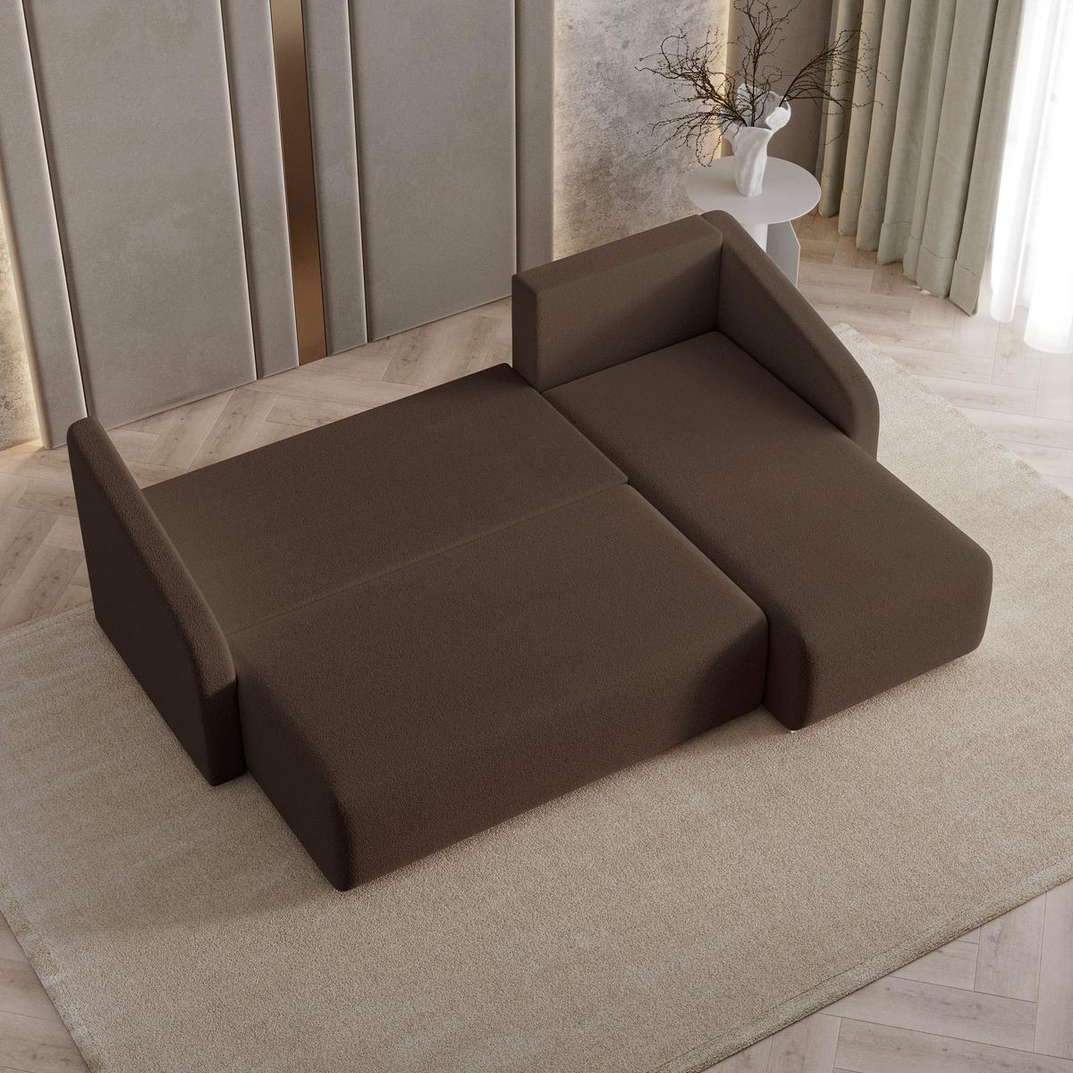 ECKSOFA MARELLO Braun Boucle-Stoff mit Schlaffunktion - Braun, Holz (220/143cm) - MASSENO