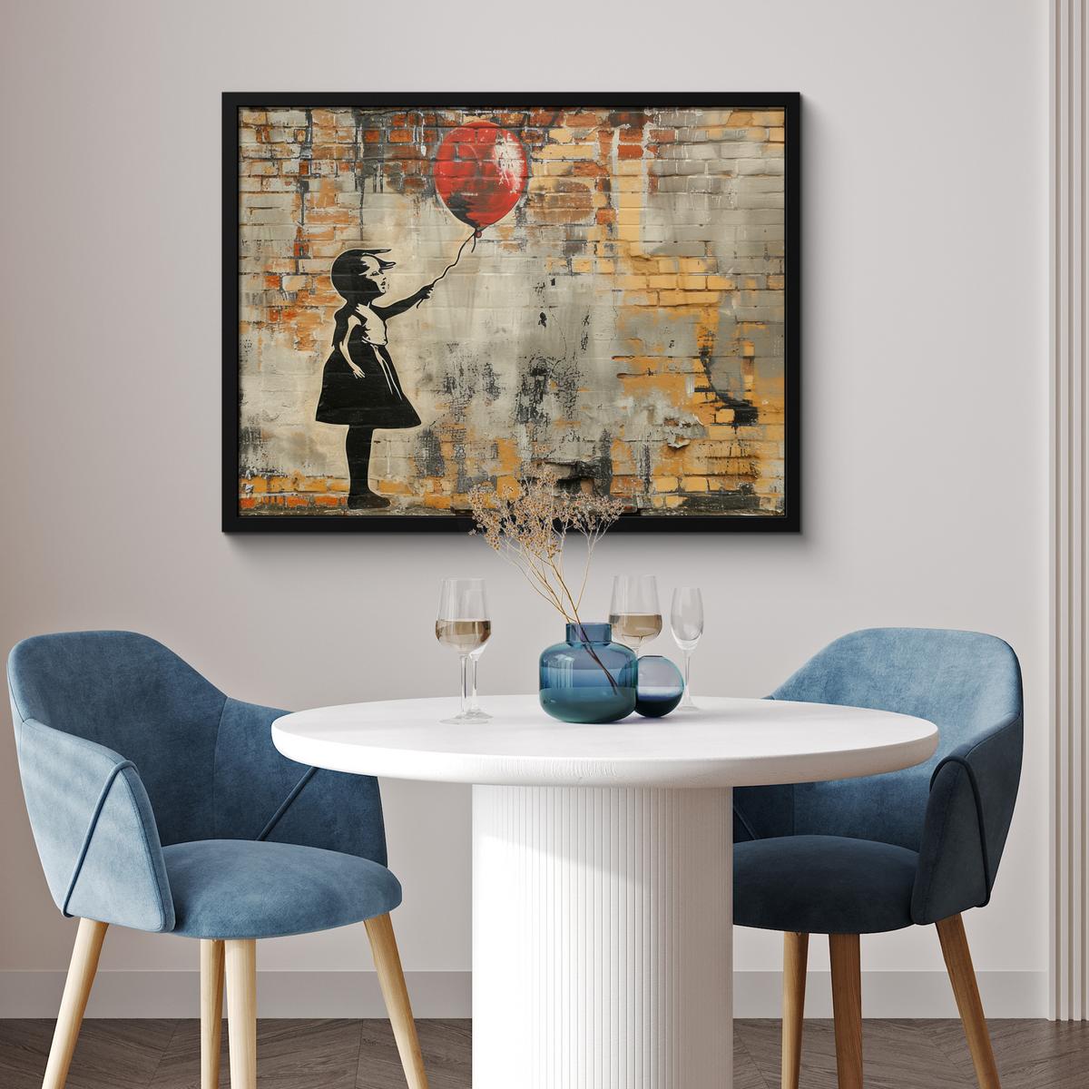 POSTER MIT RAHMENGERAHMTES BILD Graffiti - Banksy - Mädchen - Straßenkunst 80x60 cm - Sandfarben, Papier (80/60cm) - MuchoWow