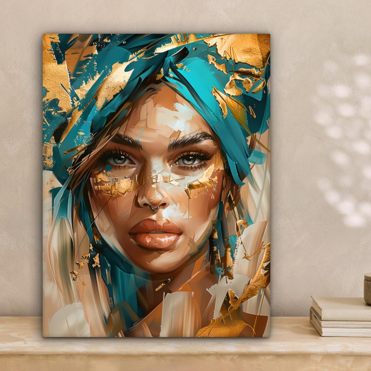 LEINWANDBILD Frau - Porträt - Gold - Luxus - Blau Room Decor 30x40 cm - Türkis, Textil (30/40cm) - MuchoWow