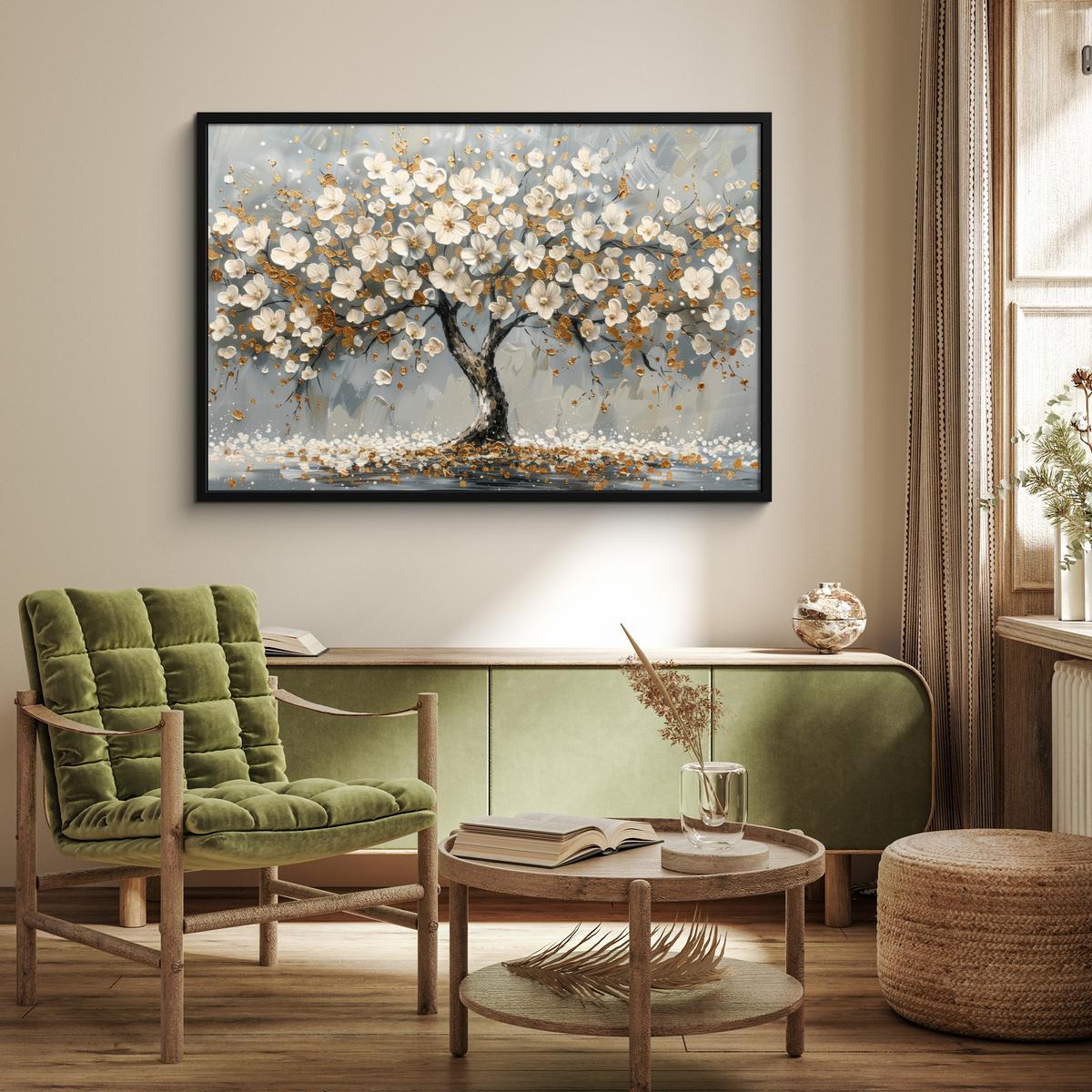POSTER MIT RAHMENGERAHMTES BILD Baum - Blumen - Weiß - Natur - Kunst 120x80 cm - Weiß, Papier (120/80cm) - MuchoWow