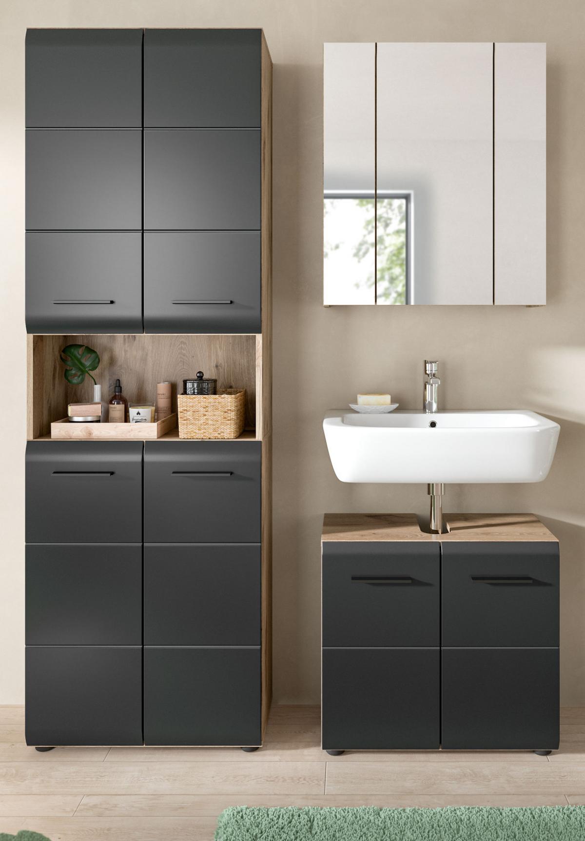 BADMÖBEL-SET 3-teilig schwarz matt, Nox Eiche inklusive Hochschrank 4-türig, 135 x 185 cm - Eichefarben/Schwarz, Glas/Holzwerkstoff (135/185/30cm) - Inn.Furn