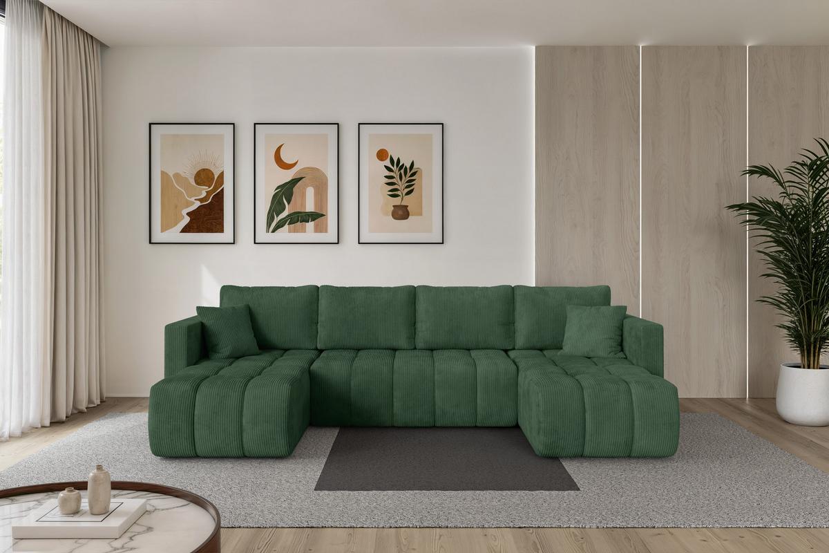 WOHNLANDSCHAFT mit Schlaffunktion und Bettkasten GARD-U 300x146x85 Grün Cord - Dunkelgrün/Schwarz, Holzwerkstoff/Kunststoff (300/85/146cm) - ALTDECOR