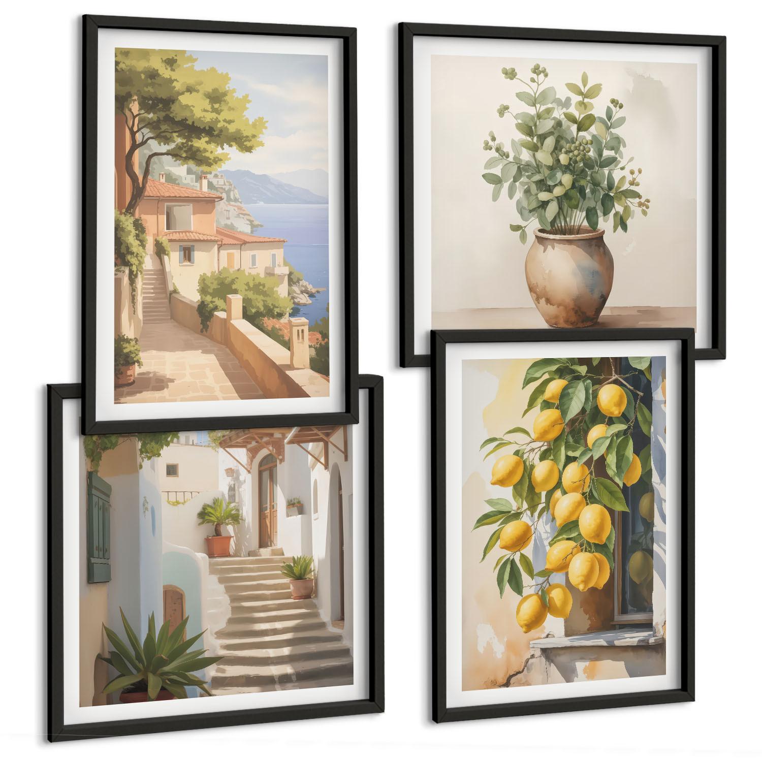 BILDER SET 4er Set - 50x50 cm & 40x60 cm Schwarzer Rahmen - Blumen in einer Vase, ein Meer aus Zitronen - Schwarz, Kunststoff (50/50cm) - TULUP