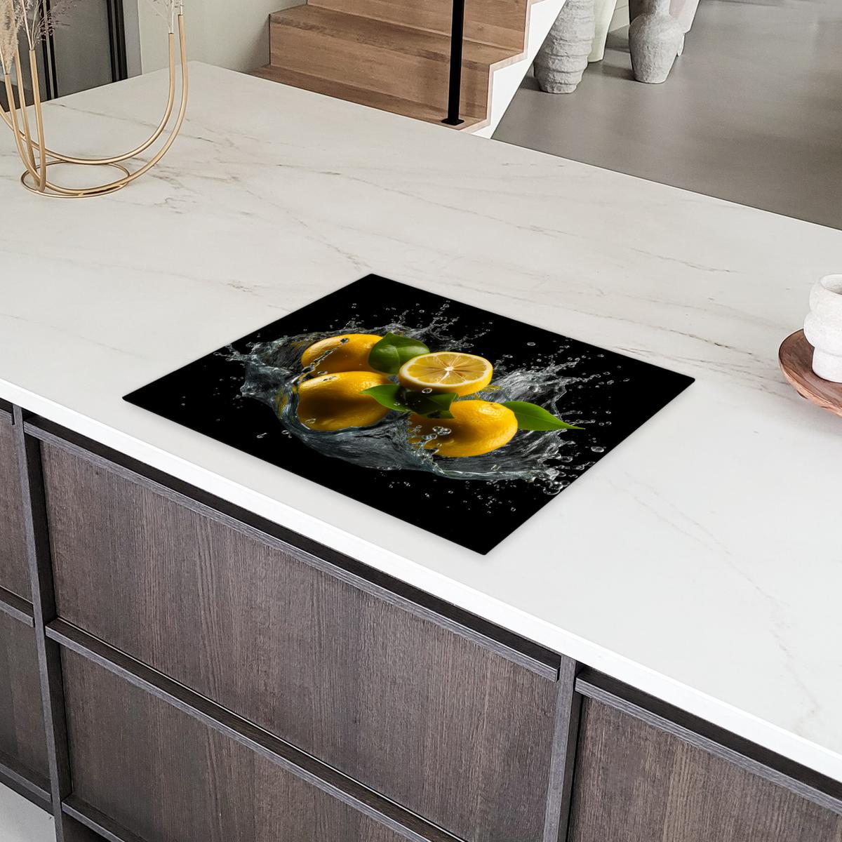 HERDABDECKPLATTE Zitrone - Obst - Gelb - Schwarz Herdabdeckung Induktionsfeld 65x52 cm - Gelb, Kunststoff (65/52/0.2cm) - MuchoWow