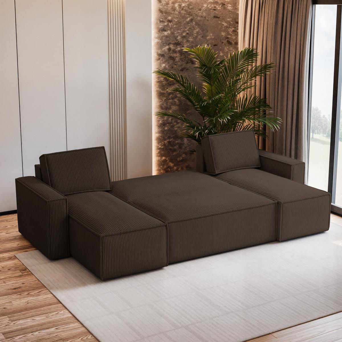 WOHNLANDSCHAFT PESANO P Braun Kordstoff mit Schlaffunktion - Braun/Grau, Holz/Kunststoff (306/85/140cm) - MASSENO