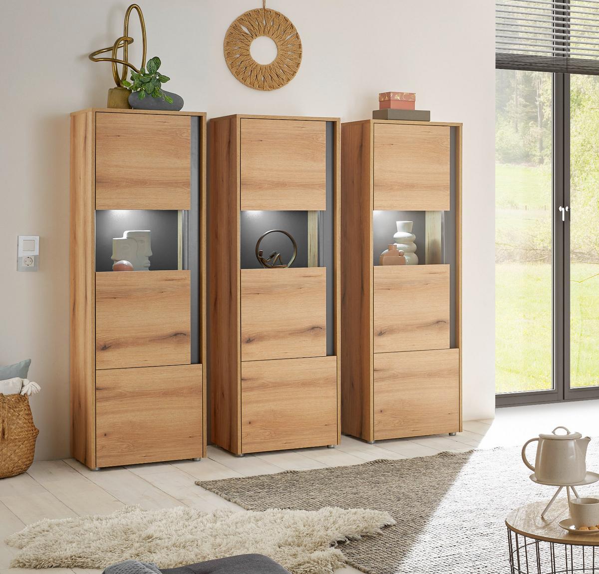 SCHRANK-SET 3-teilig Evoke Eiche, grau, Wohnkombination mit 3 x Vitrine - Eichefarben/Grau, Glas/Holzwerkstoff (190/155/40cm) - Furn.Design