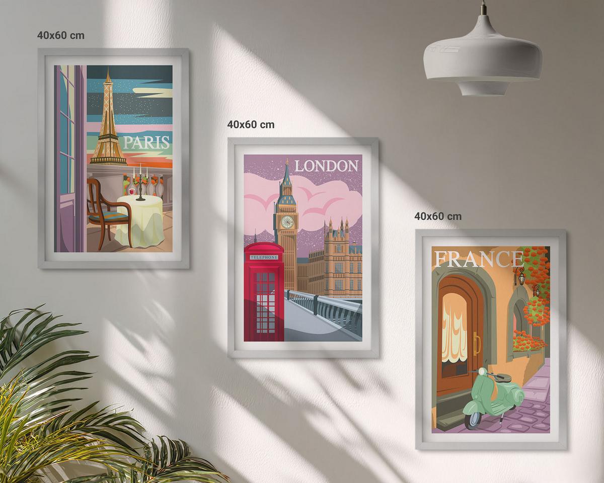 BILDER SET 3er Set - 40x60 cm Silberner Rahmen - Ansichten Paris London Retro - Silberfarben, Kunststoff (40/60cm) - TULUP