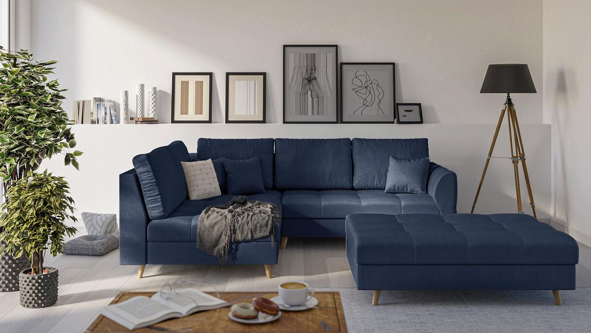 ECKSOFA MIT HOCKER Lorine Mikrofaser Dunkelblau - Hellbraun/Dunkelblau, Buchenholz/Textil (231/161cm) - S-Style Möbel