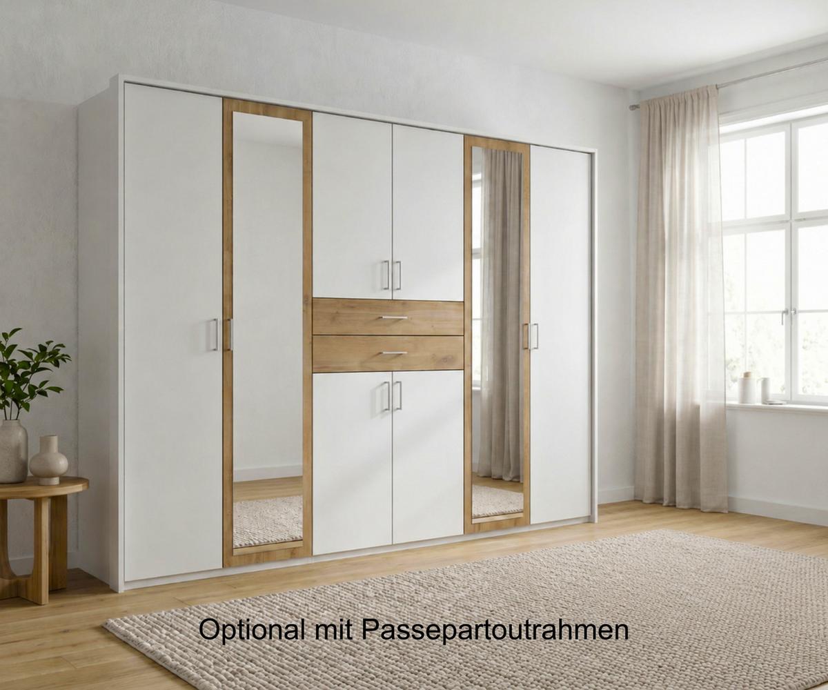 DREHTÜRENSCHRANK B270/H208/T58 cm Weiß mit Absetzungen in Eiche Dekor, Kleiderschrank mit 2 Spiegeltüren & Schubkästen / 22595 - Eichefarben/Silberfarben, Holzwerkstoff/Kunststoff (270/208/58cm) - luma-home