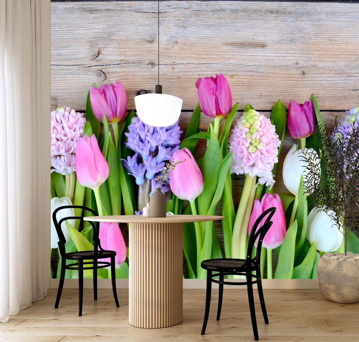 FOTOTAPETE für Küche Rosa Tulpen Violette Hyazinthen Holztisch 100x70 - Ecru/Violett, Papier (100/70cm) - Muralo