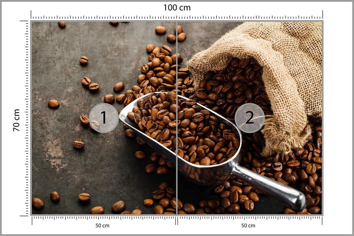 FOTOTAPETE für Küche Beutel mit Kaffeebohnen auf Beton 100x70 - Beige/Schwarz, Papier (100/70cm) - Muralo