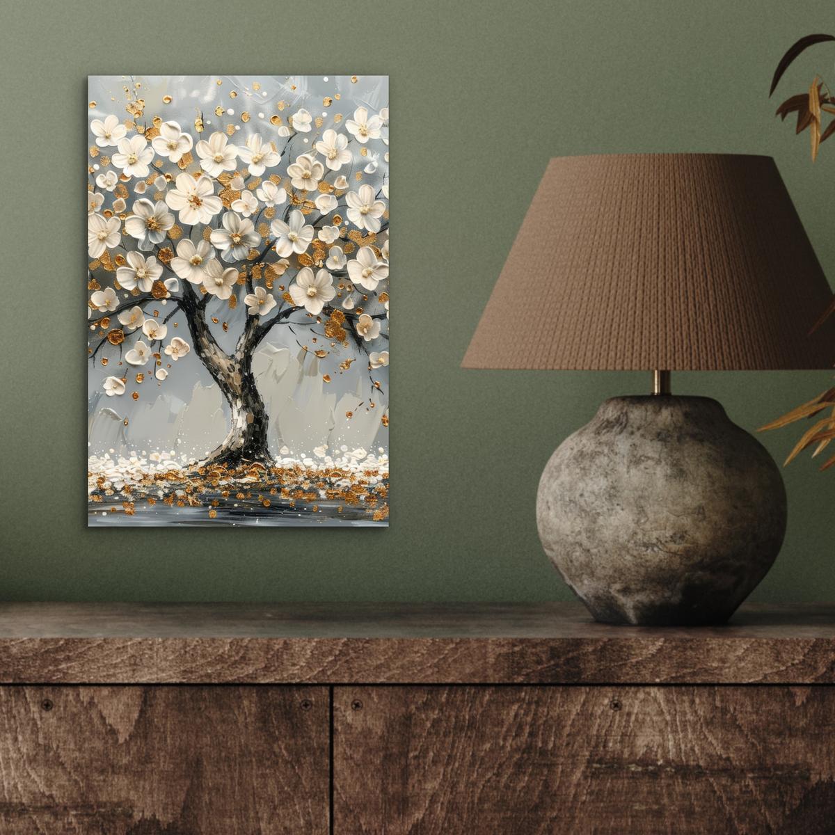 METALLBILD Baum - Blumen - Weiß - Natur - Kunst 20x30 cm - Weiß, Metall (20/30cm) - MuchoWow