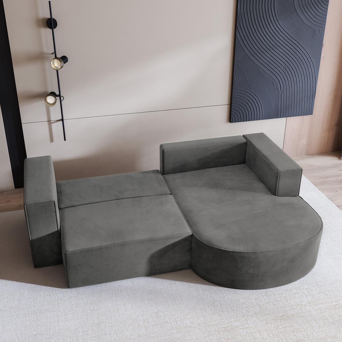 ECKSOFA SORELA M R-S Grau Velours-Stoff mit Schlaffunktion - Grau, Holz (263/174cm) - MASSENO