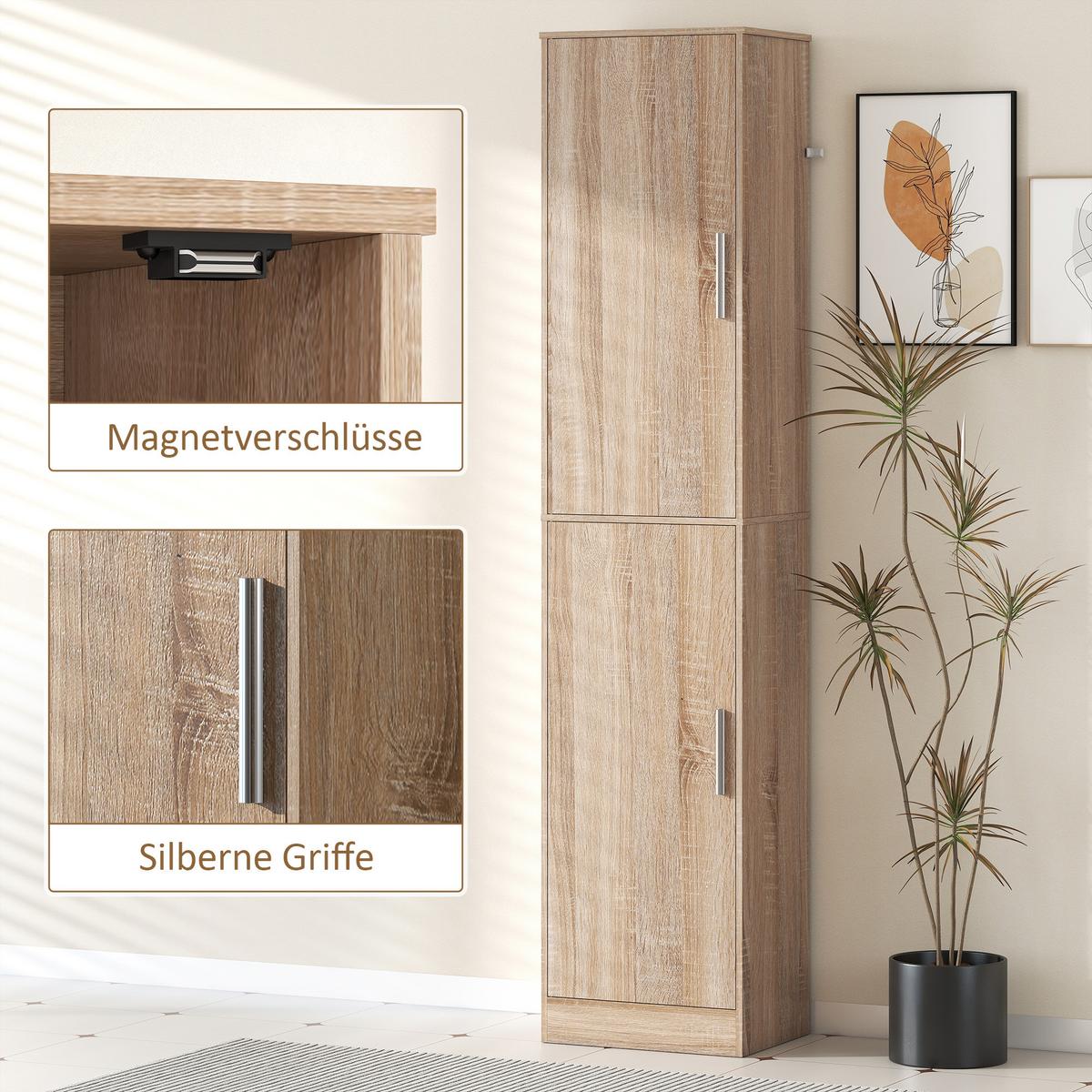 BADEZIMMERSCHRANK Badschrank Hochschrank schmal mit 2 Türen Verstellbare Regale - Silberfarben/Naturfarben, Holzwerkstoff/Metall (35/180/40cm) - HOMCOM