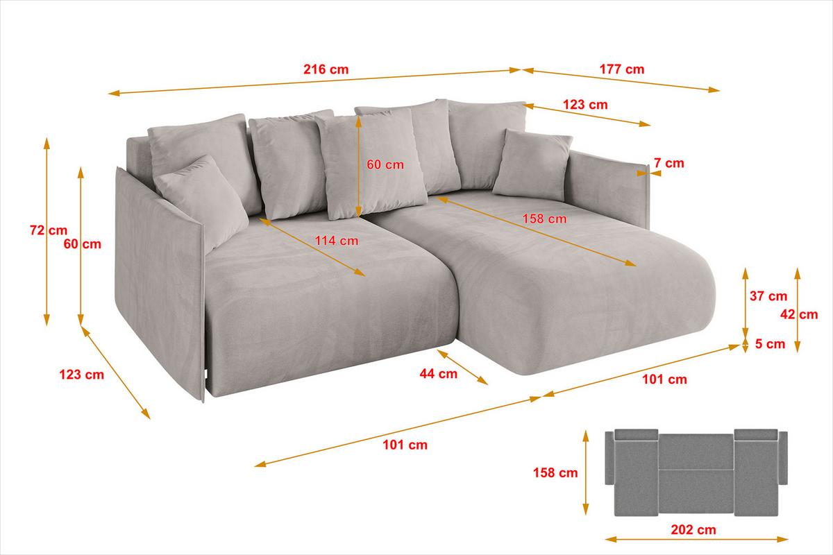ECKSOFA Ottomane rechts ONESK-L 216x177x72 Hellbraun Velours - Hellbraun, Holzwerkstoff/Kunststoff (177/216cm) - ALTDECOR