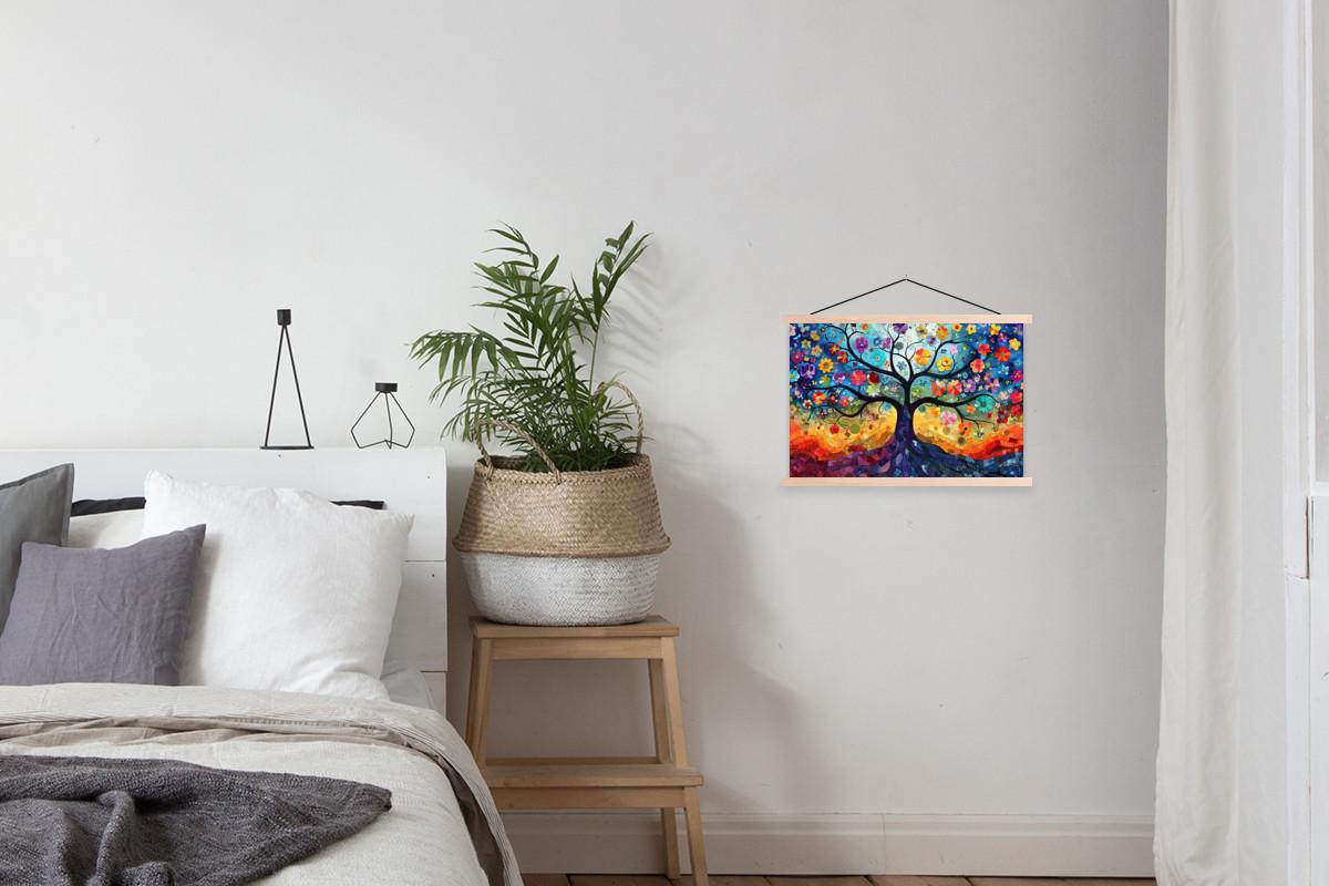 POSTER MIT MAGNETLEISTEN Kunst - Baum des Lebens - Blumen - Hippie Wandbilder 60x40 cm - Dunkelblau, Textil (60/40/0.15cm) - MuchoWow