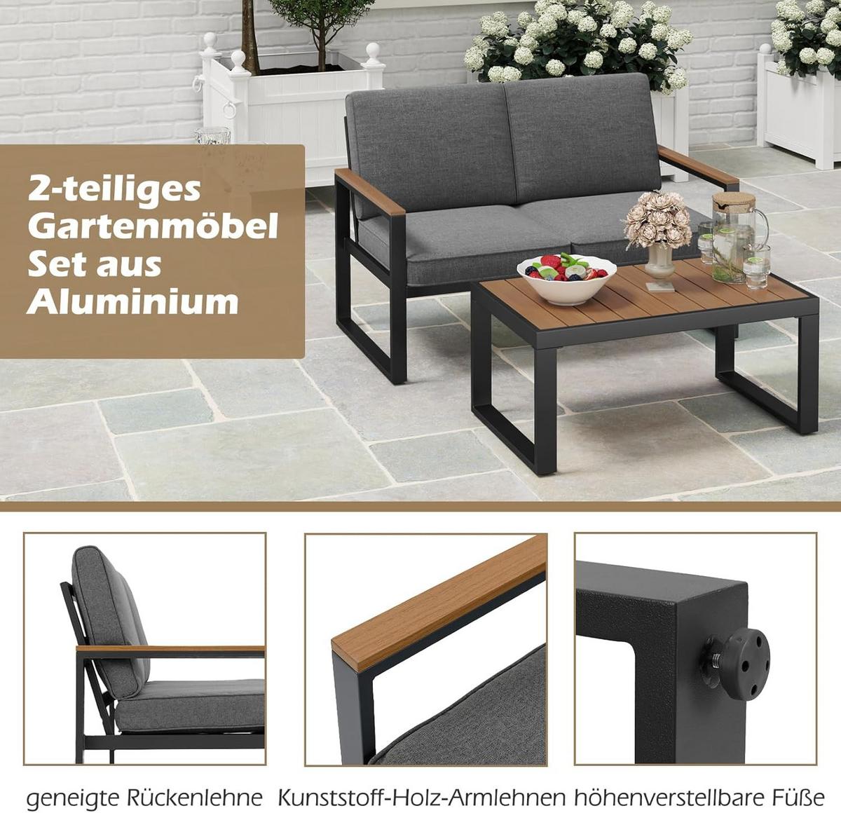 GARTENMÖBEL Set Grau(4-teilig) - Grau, Metall - COSTWAY