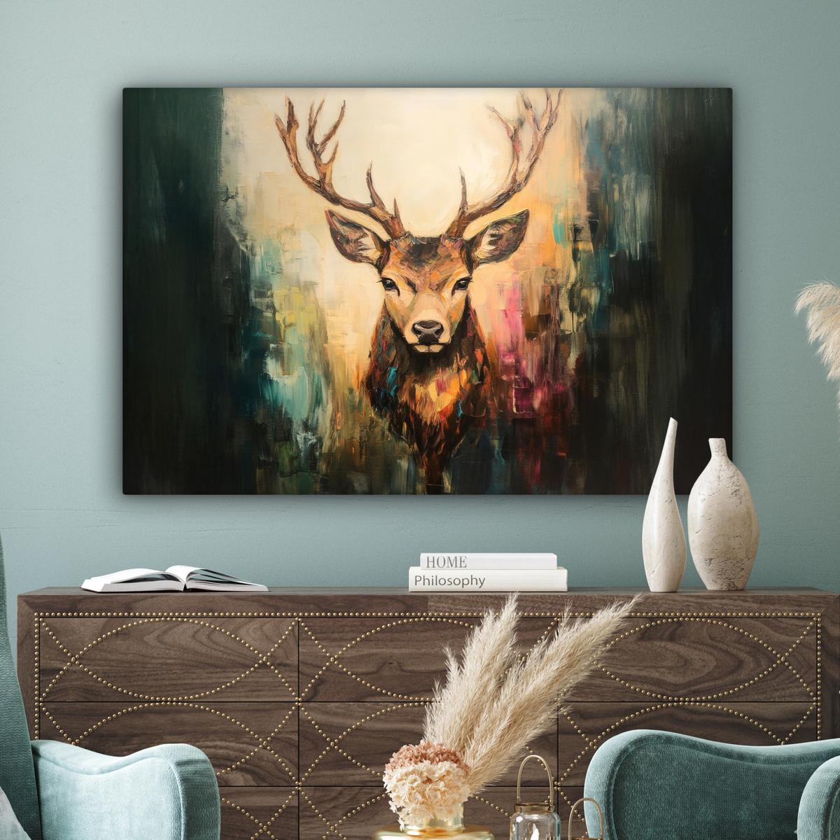 LEINWANDBILD Hirsch - Gemalt - Geweih - Braun XXL 150x100 cm - Haselnussfarben, Textil (150/100cm) - MuchoWow