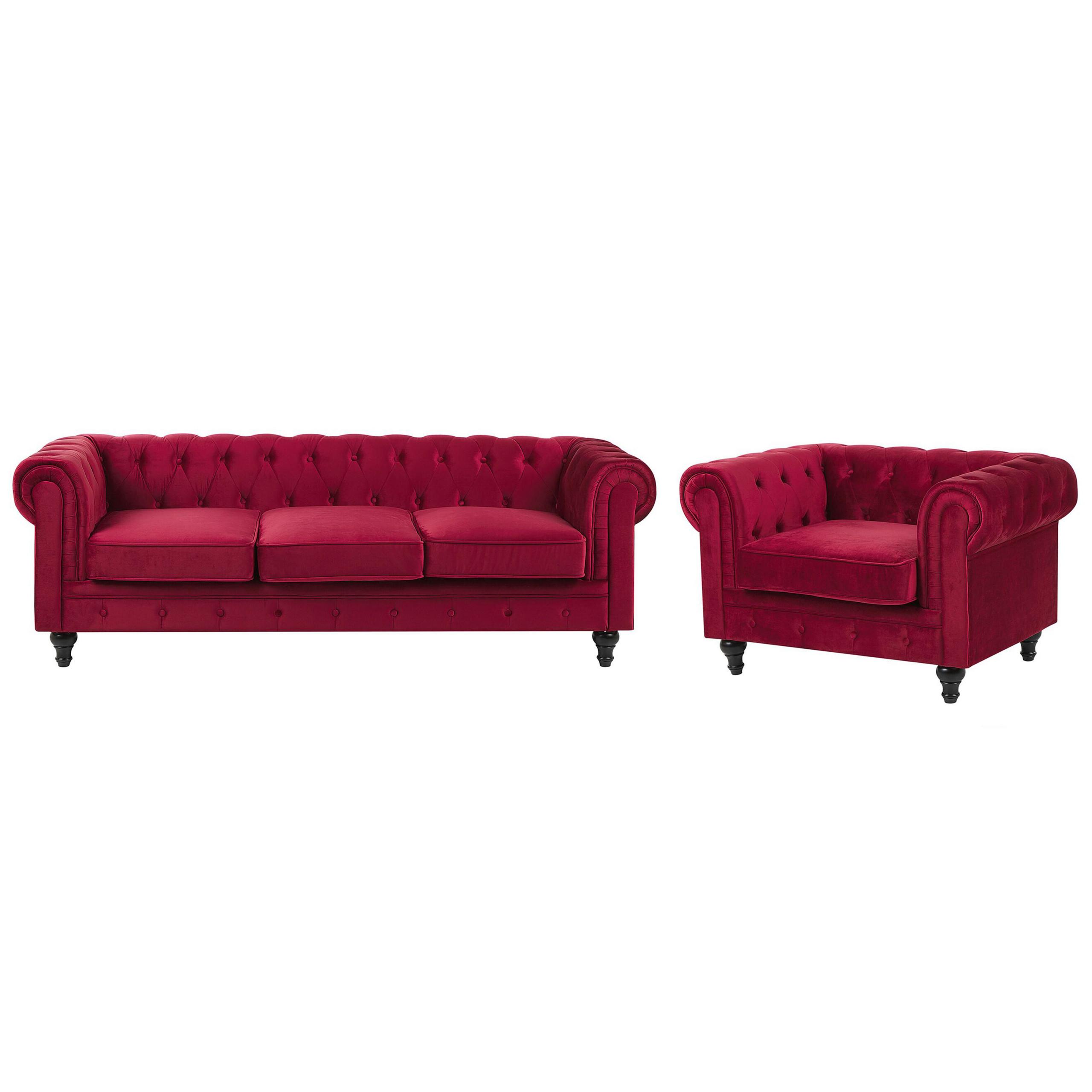 SOFA-SET 4-sitzer Samtstoff Rot Chesterfield - Rot, Textil (201/70/75cm) - Beliani