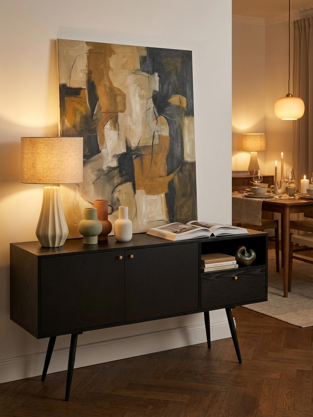 SIDEBOARD – Schwarz/Eiche-Dekor, 140x75x40 cm, mit 2 Türen, Schublade, offenes Fach - Schwarz, Holzwerkstoff/Metall (140/75/40cm) - KADIMA DESIGN