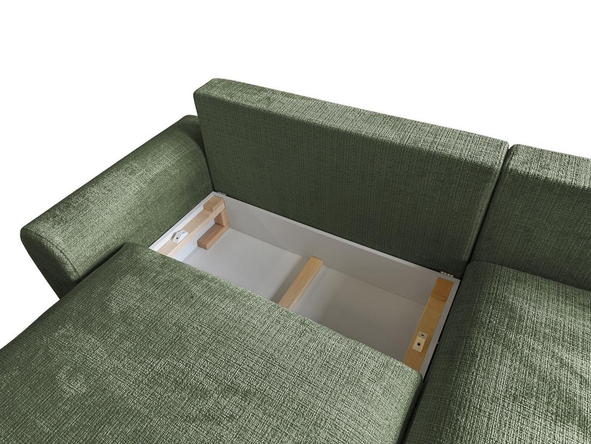 ECKSOFA Melvano mit Schlaffunktion und Bettkasten im Japandi-Stil aus weichem Grün Chenille-Stoff - Schwarz/Grün, Holz/Kunststoff (240/145cm) - S-Style
