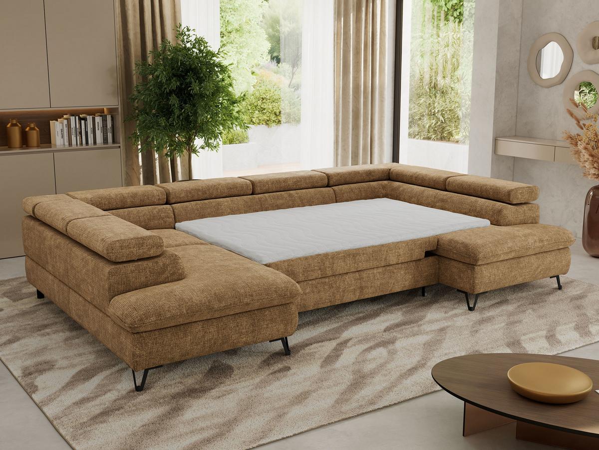 WOHNLANDSCHAFT PABLO U Schenille grob gewebt Hellbraun mit Topper Visco - Hellbraun/Schwarz, Textil/Metall (346/76/208cm) - MKS